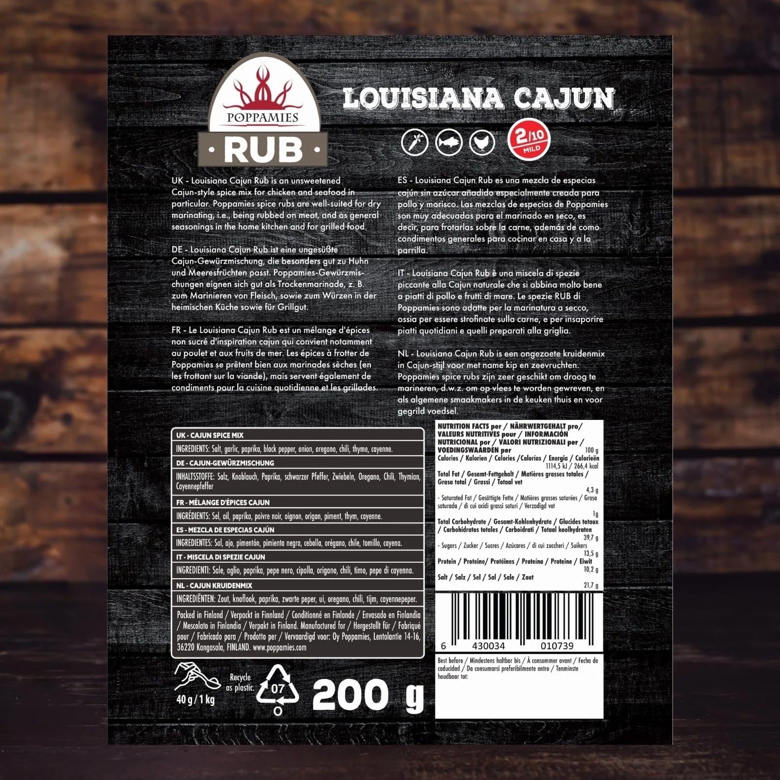 Poppamies Louisiana Sazonador Cajun - Adobo Seco y Condimento perfecto para Pescado, Verduras - Pollo, Ideal para parrilla - Paquete Grande (200 g)