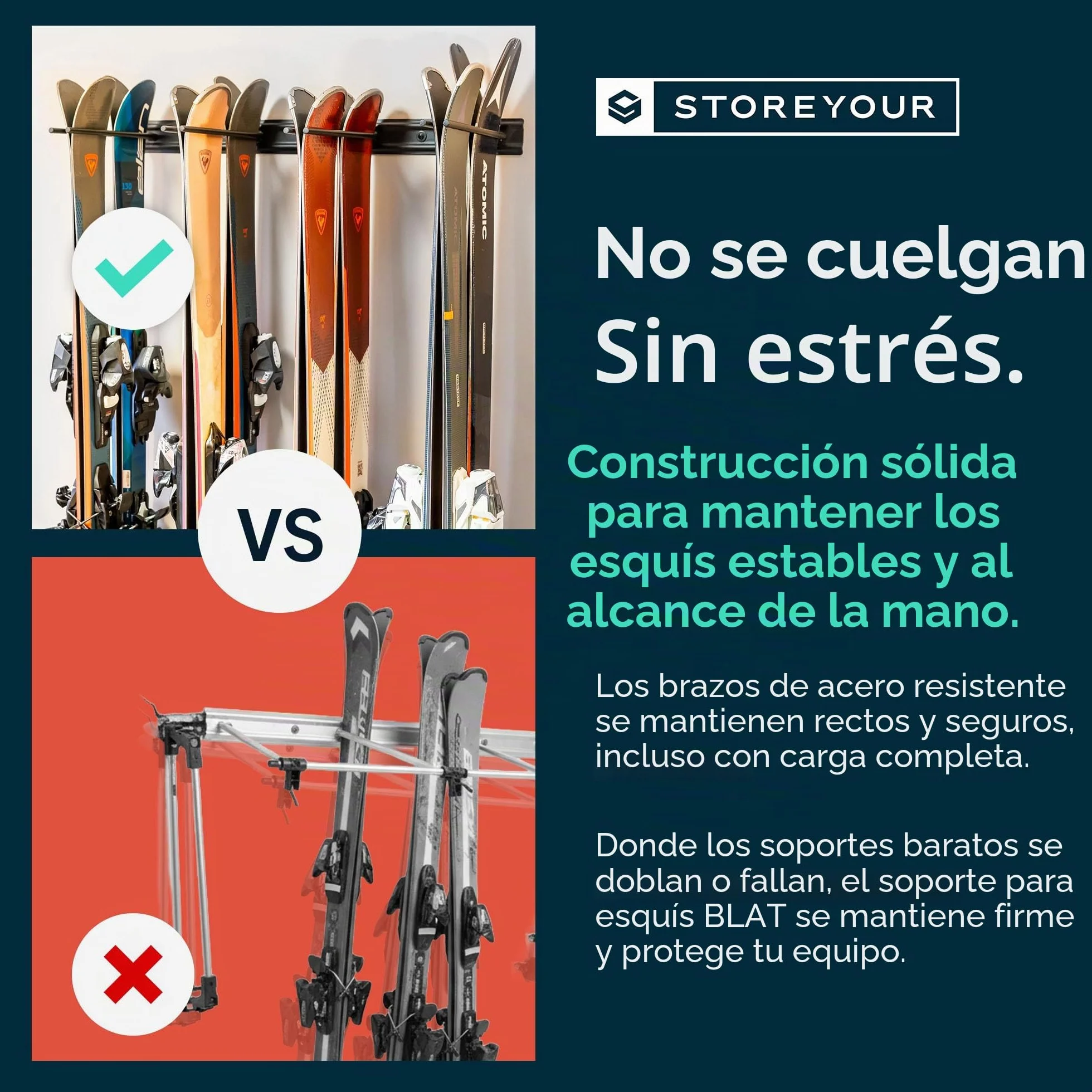 StoreYourBoard Bastidor para guardar esquís en la pared, capacidad para 8 pares, soporte de acero, Negro