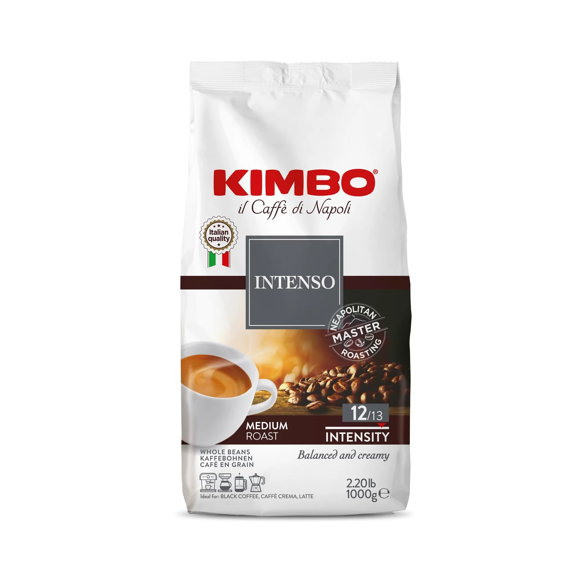 Kimbo 6 Kg Cafè en Grano, Mezcla Espresso Intenso | 6 Paquetes de 1 kg de Café en Grano, Intensidad 12/13, Tueste Medio