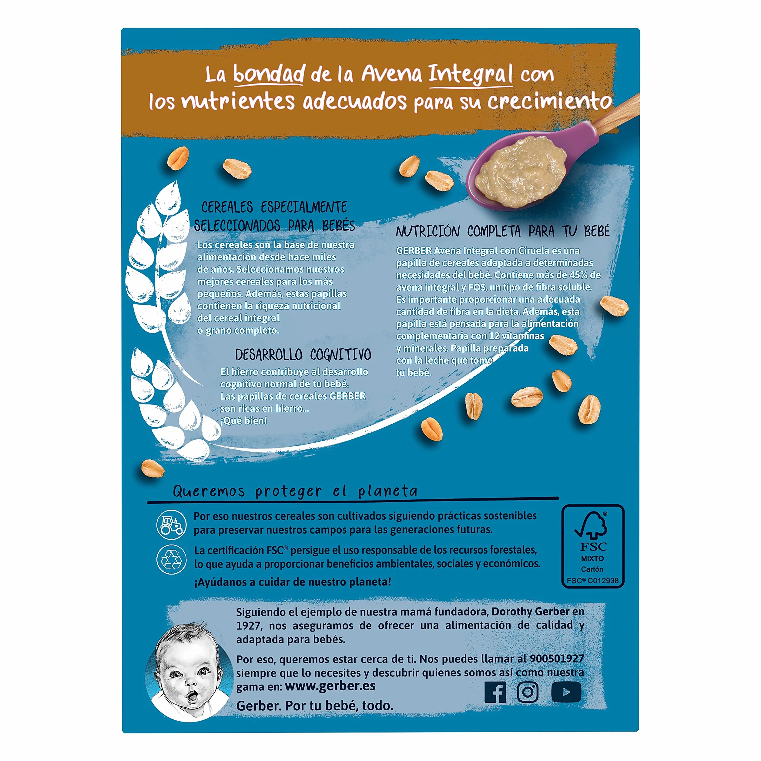 GERBER Avena Integral con Ciruela, Papilla de Cereales para Bebés, Paquetes 9x250g, a partir de 6 meses