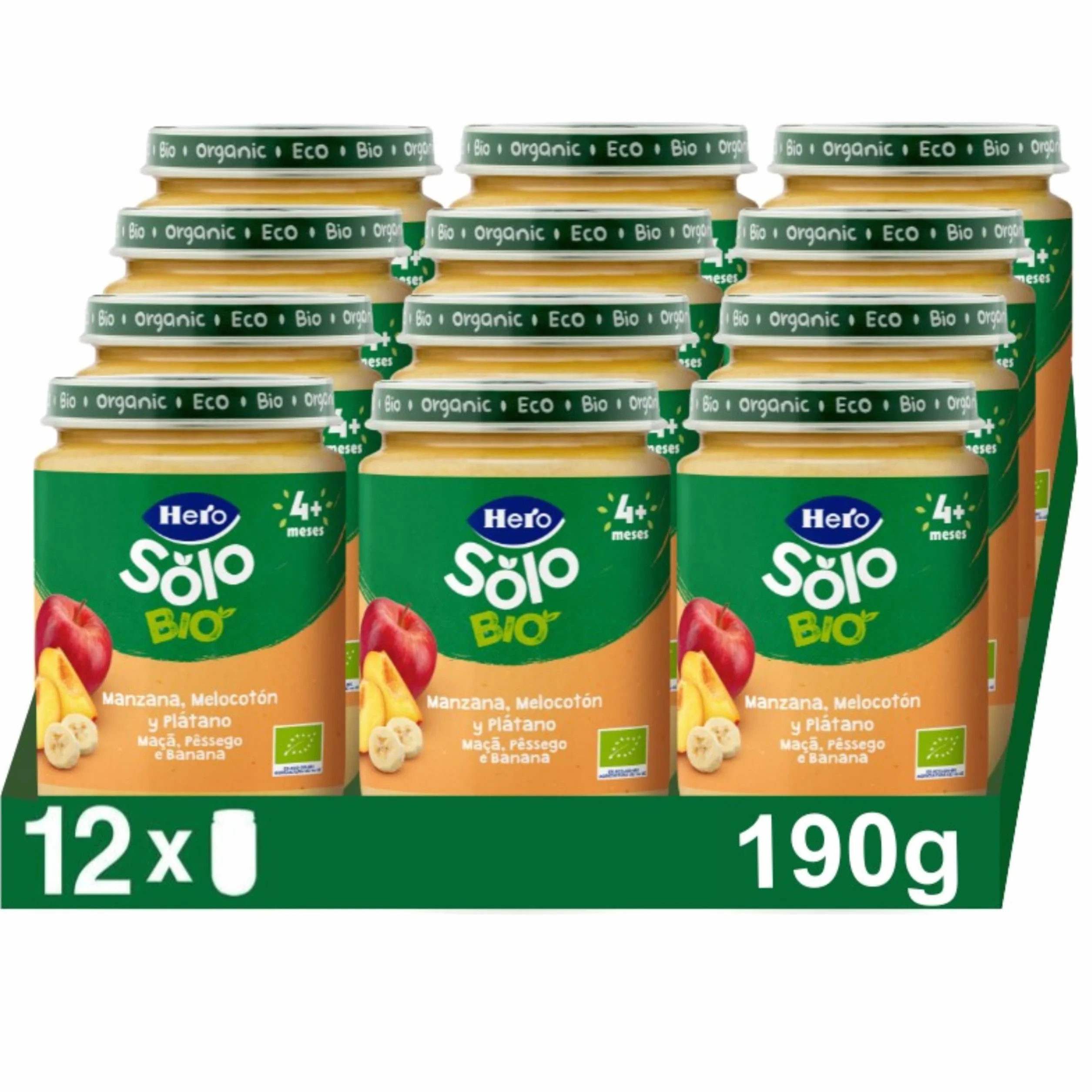 Hero Solo Bio Tarritos de Manzana, Melocotón y Plátano 100% Ecológico, con Ingredientes Naturales para bebés desde los 4 meses - Pack de 12 x 190 g