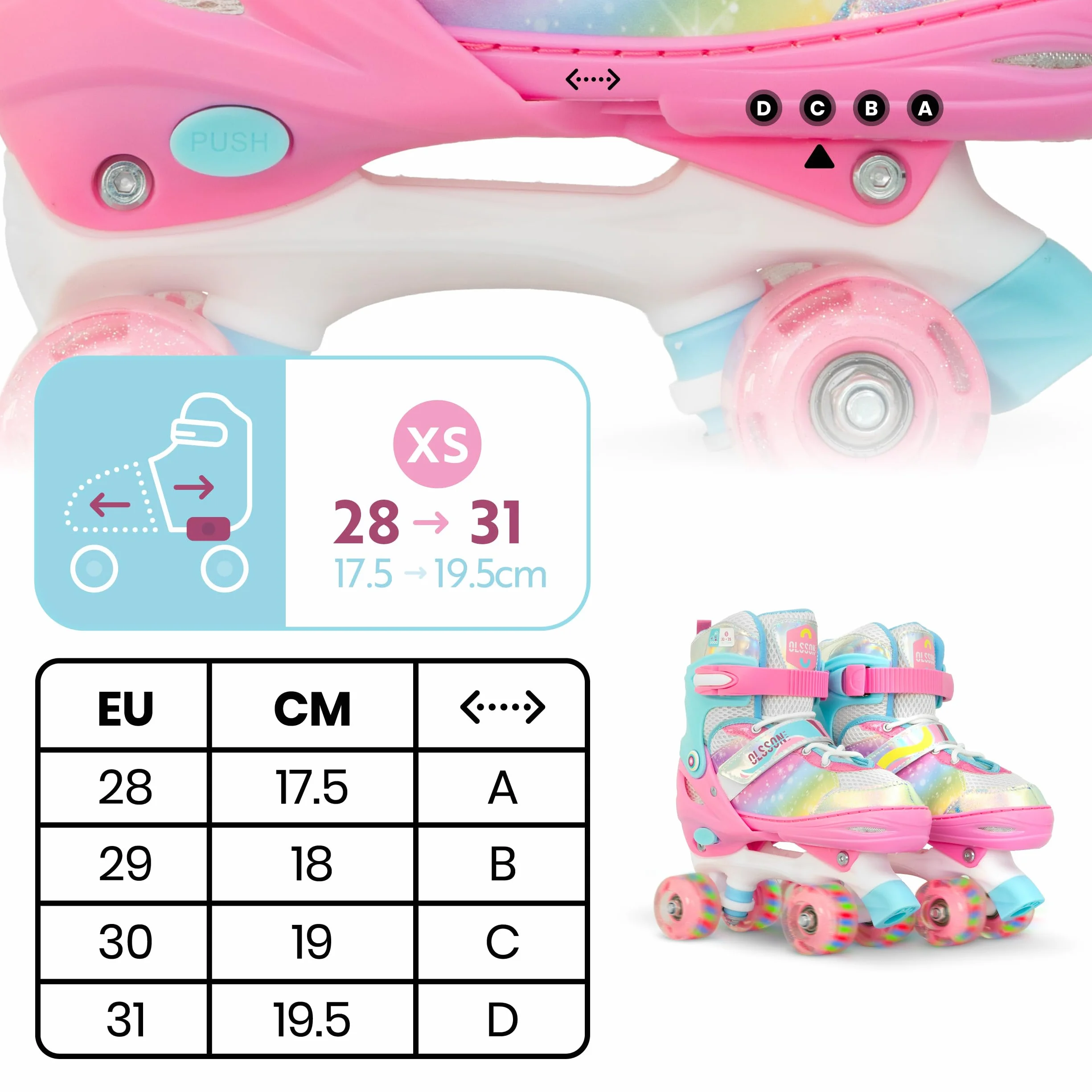 Patines OLSSON Blossom Niños 4 Ruedas con Luces ABEC 7 Carbono Talla Ajustable 28-35