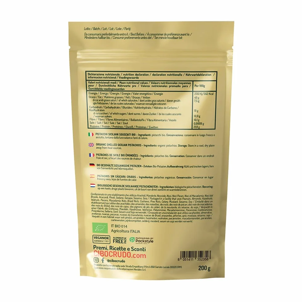 Pistachos Pelados non Tostados Orgánicos - 200g. Pistachos sin Sal. Pistacho Italiano de Sicilia. Fuente de Ácidos Grasos Fibras Vitamina E B1 B6 y Antioxidantes.