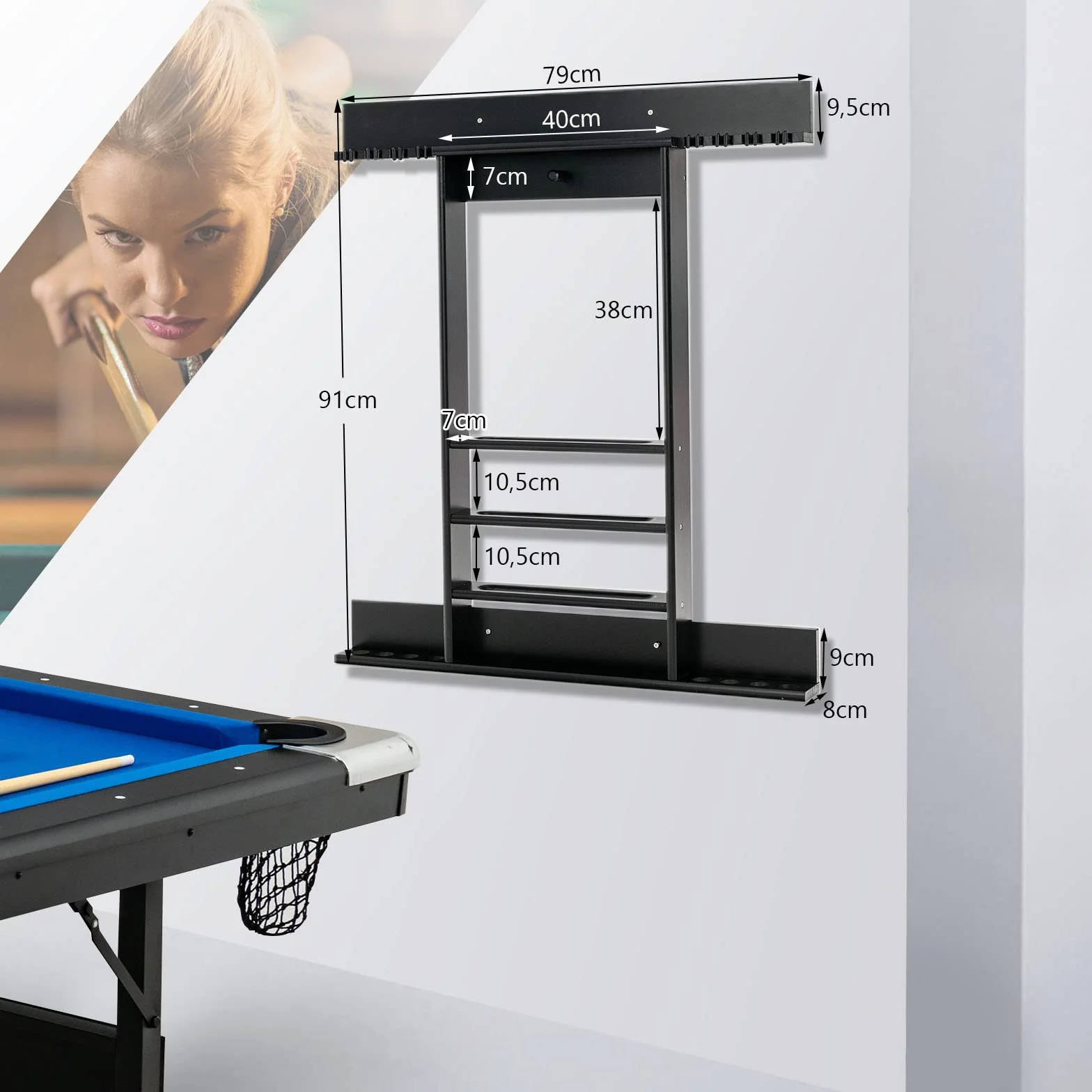 COSTWAY Billar Rack Madera Maciz Estante Palos 8 Tacos 15 Bolas 1 Soporte Equipo Compacto Sala Club Bar Negro