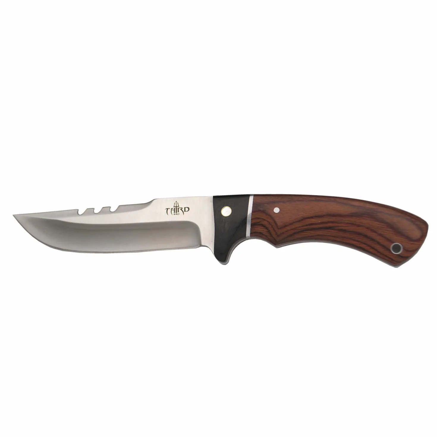 THIRD Cuchillo de Caza 12,4 cm Acero 440 Mango Pakkawood y Madera Negra Funda de Piel