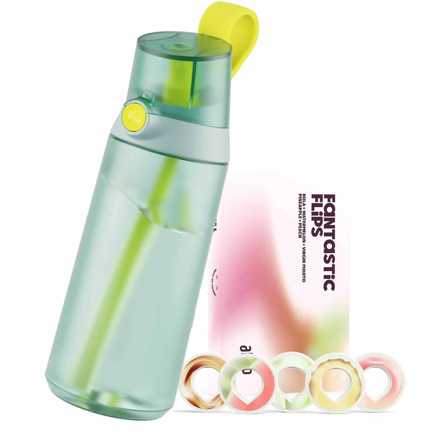 AIR UP® Cantimplora Botella de agua Click Turtle Green, juego de iniciación original con cápsulas en 5 sabores, botella de 600 ml con sabor sin azúcar, apta para lavavajillas, sin BPA