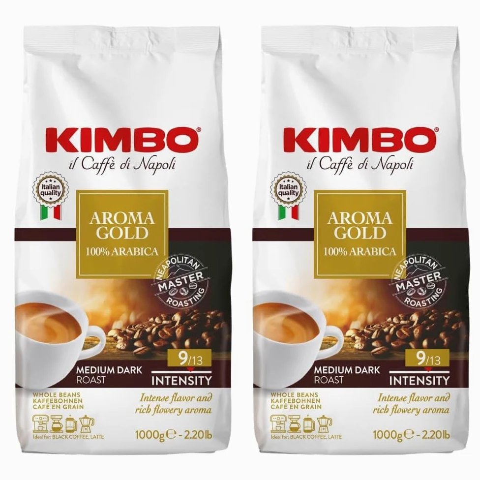 Kit de Paquetes de Granos de Café Kimbo con 2 x Gold 100% Arabica - 2 Bolsas de 1kg