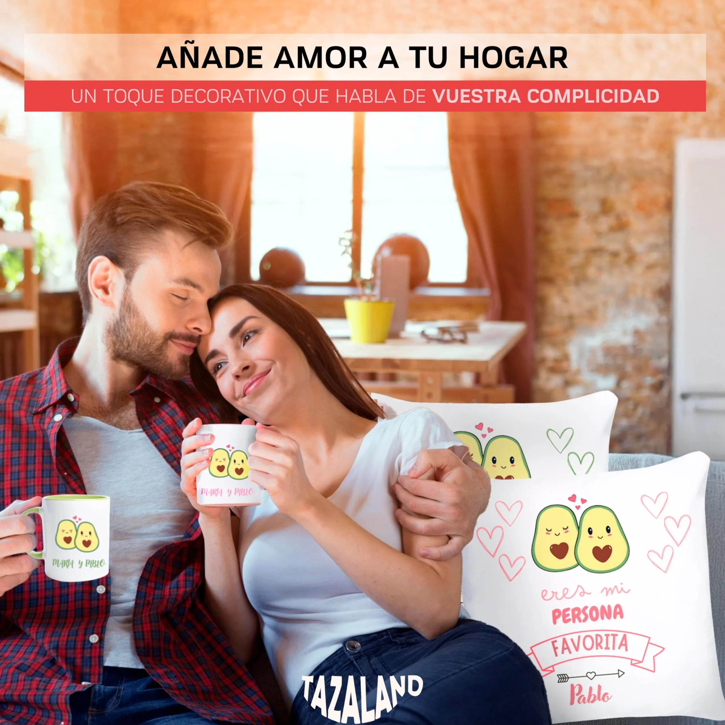 Regalo Personalizado San Valentín | Pack 2 Tazas y 2 Cojines - Aguacates | Regalos Originales Mujer Hombre | Regalos para Parejas, Novia, Novio | Detalles Románticos