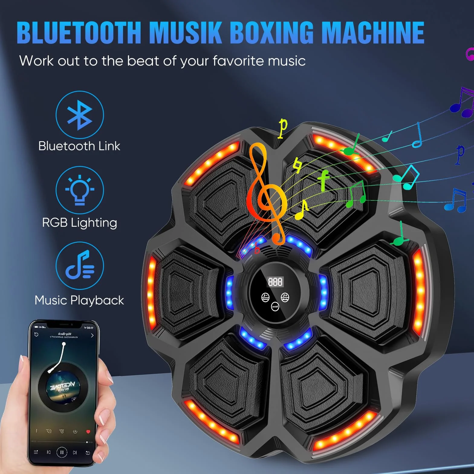 Máquina de boxeo musical Smart LED Bluetooth con guantes y diana de pared 9 modos de velocidad