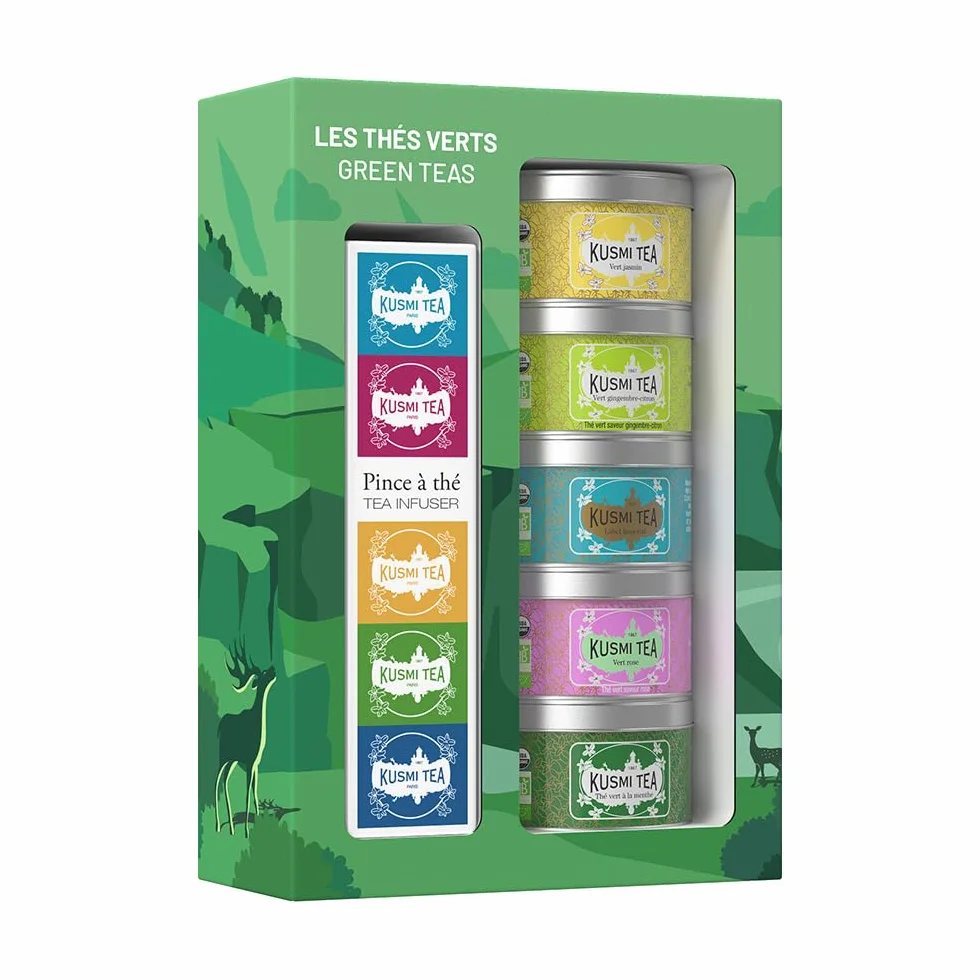 Kusmi Tea Surtido de Té Verde Orgánico para Regalo con Colador - Cesta 5 Latas 25 g