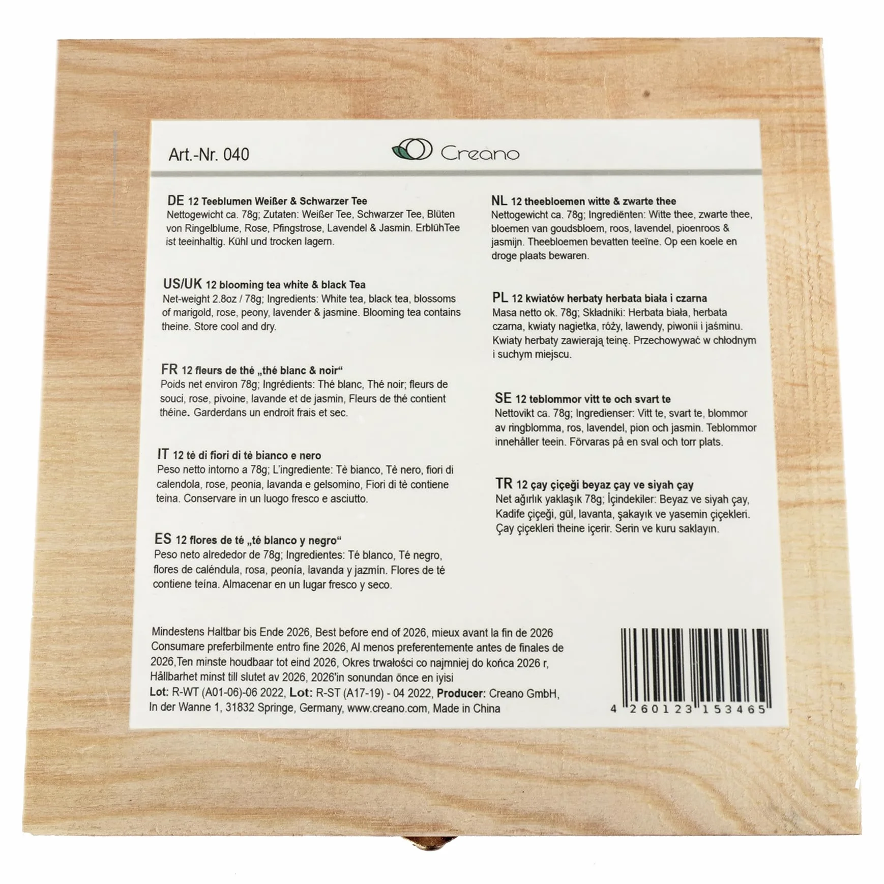 Creano Flores de Té Mix 12 uds Cofre de Madera 9 Variedades Té Blanco y Negro Regalo Sostenible Elegante para Mujer