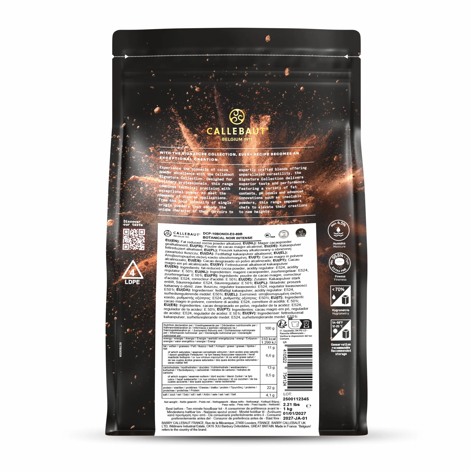 Callebaut Signature Collection Velvet Légère 1% cacao en polvo desgrasado alcalizado bajo en grasa cacao para hornear, 750 g
