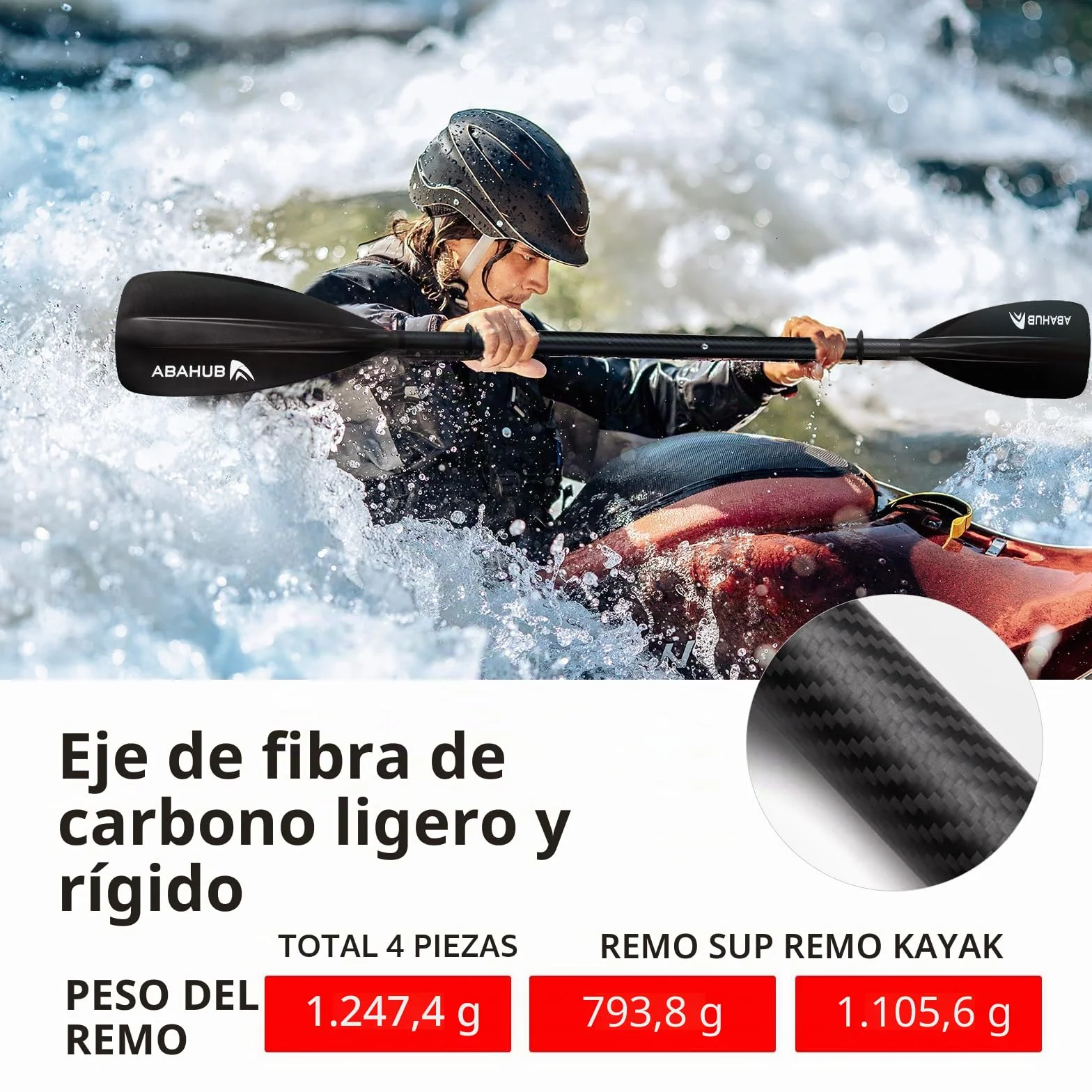 Abahub Kayak Paddle Sup Pala Ajustable Carbono Eje Hoja de plástico