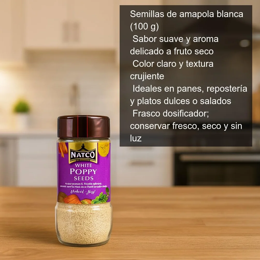 Semillas de amapola blanca 100 g frasco topping crujiente panadería repostería cocina india sabor suave aroma fruto seco