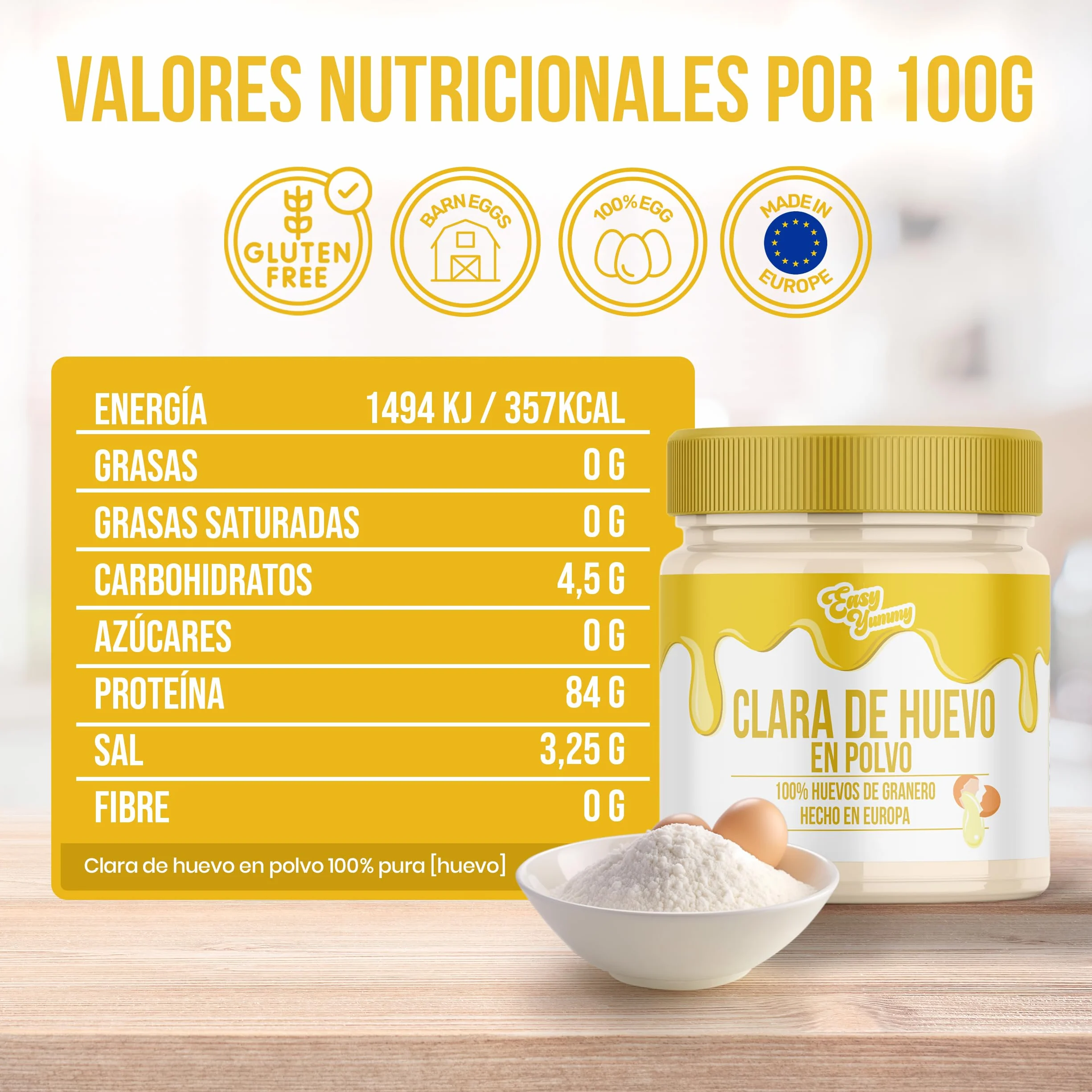 EASY YUMMY - Clara de huevo en polvo para repostería (500 kg), 100% Huevos en polvo