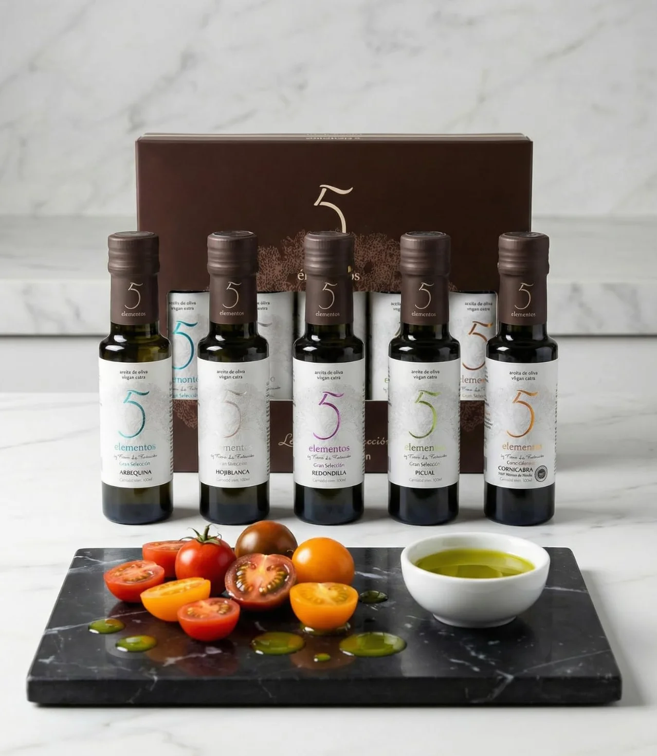 Aceite de Oliva Virgen Extra Gran Selección 5 Elementos Estuche Premium Degustación 5 Variedades Picual Arbequina Cornicabra Hojiblanca Redondilla Set Regalo Gourmet 5x100ml