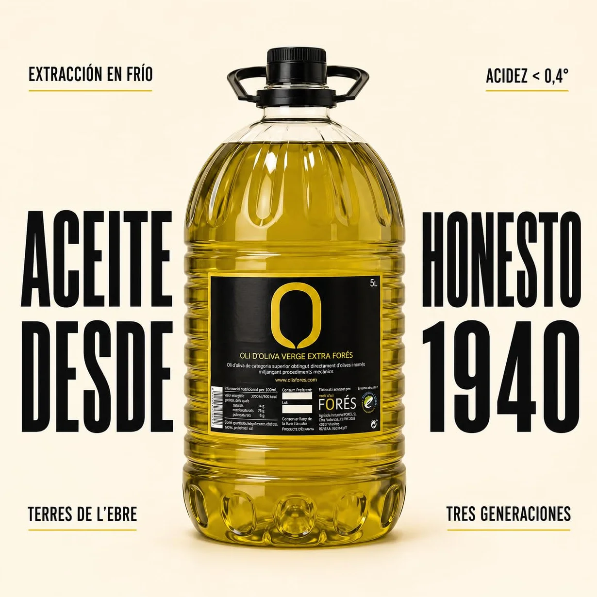 FORÉS | Aceite de Oliva Virgen Extra 5L | AOVE Gourmet Garrafa PET | Extracción en Frío | Sabor Frutado Verde con Amargor y Picante | Reserva de la Biosfera UNESCO Terres de l’Ebre