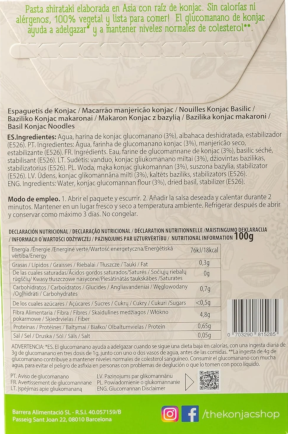 The Konjac Shop - Espaguetis Konjac de Albahaca 270g Sin Gluten Bajo en Calorías y Carbohidratos Ideal para Dietas Keto y Veganas (Pack de 5)