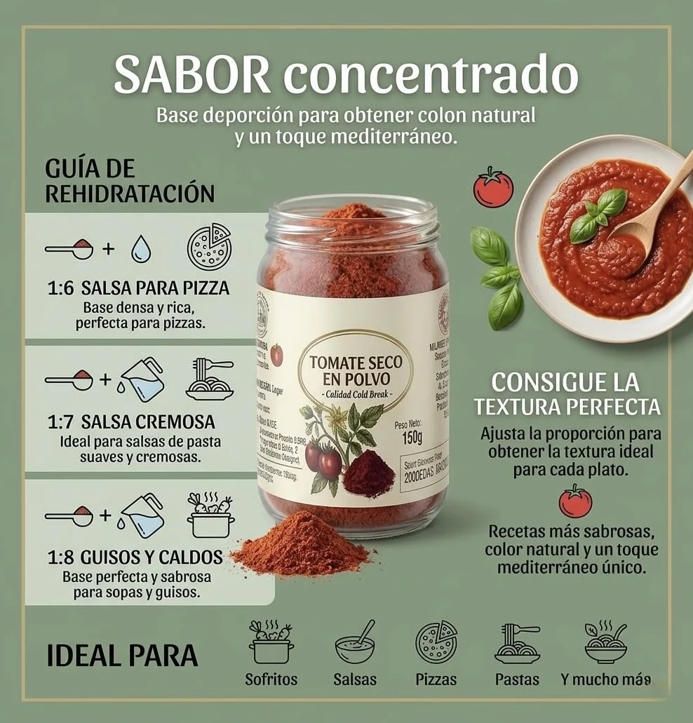 Tomate Seco en Polvo Premium (150g)-Molido Fino, Sabor Intenso y Natural- Ideal para Pasta, Sofritos y Pasta de Tomate Concentrada (1 bote 150g)