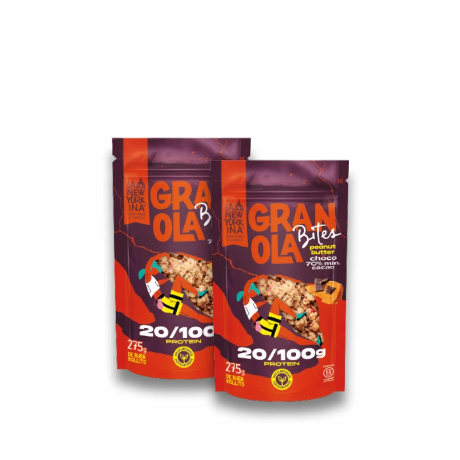 LA NEWYORKINA BITES Pack 2 Granola Peanut Butter Chocolate con avena y crema de cacahuete. Con mucho chocolate con un mínimo del 70% de cacao. Envase de 275gr
