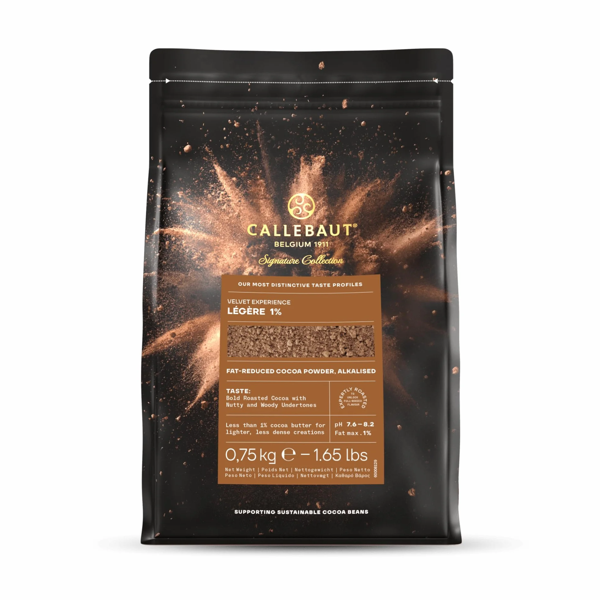 Callebaut Signature Collection Velvet Légère 1% cacao en polvo desgrasado alcalizado bajo en grasa cacao para hornear, 750 g