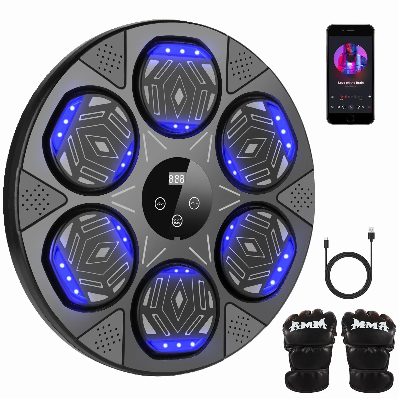 Máquina de Boxeo con Música, Montaje en Pared, Entrenador Inteligente Bluetooth con Luz LED, 7 Modos de Velocidad, Guantes para Adultos y Niños