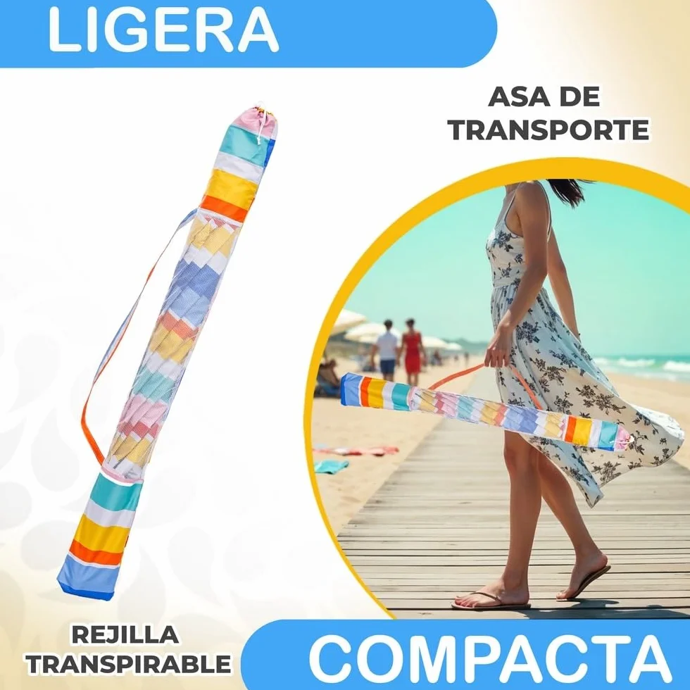 MONTY Sombrilla playa UPF+50 antiviento fibra vidrio mástil inclinable regulable altura