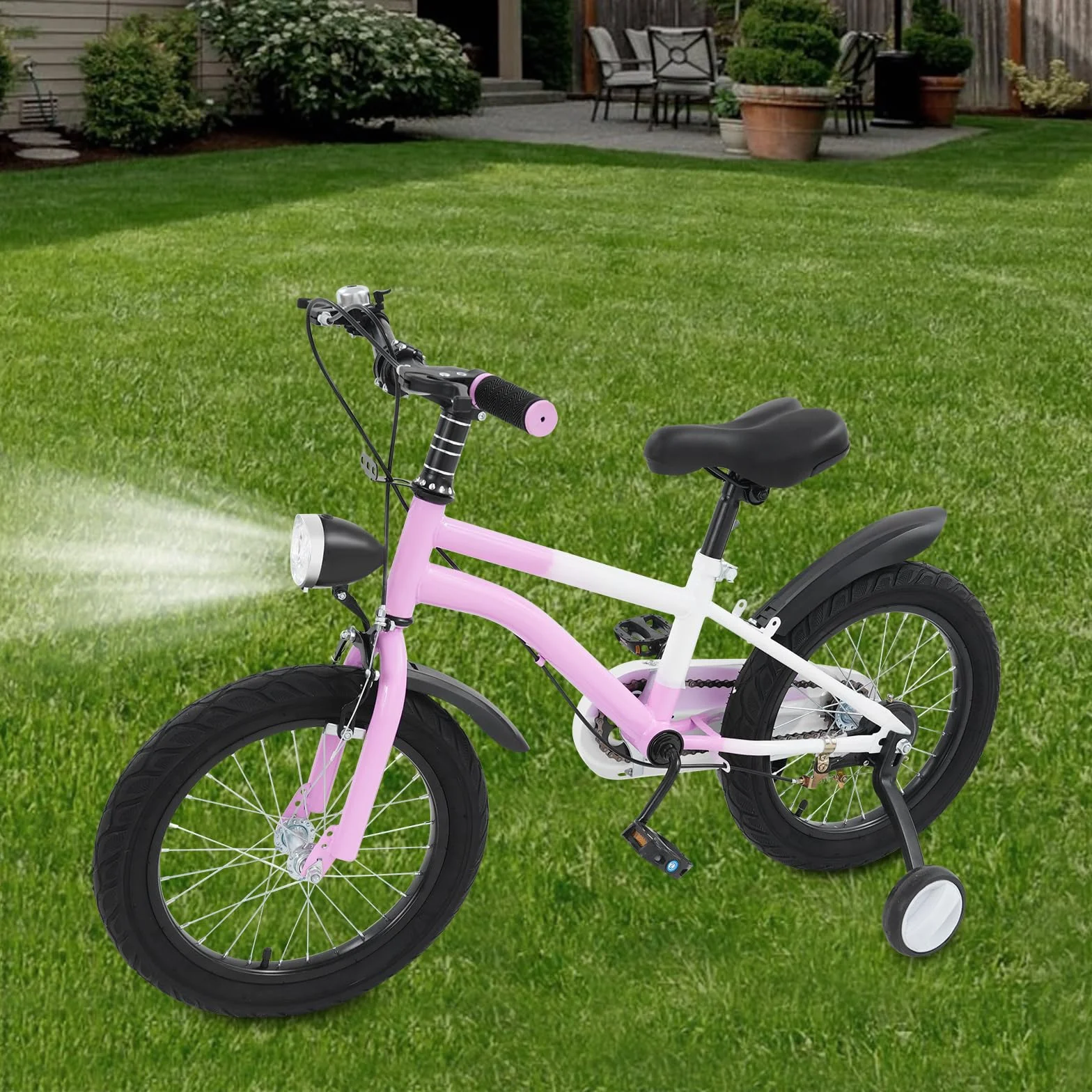 Bicicleta infantil 16 pulgadas freno disco luz LED ruedas estabilizadoras rosa ajustable sillín manillar carga 60 kg