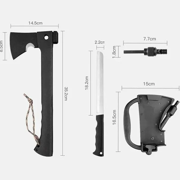 AXIUM Hacha táctica 5 en 1 Multifuncional con Sierra, Martillo, Silbato de Emergencia y Funda ABS para Camping