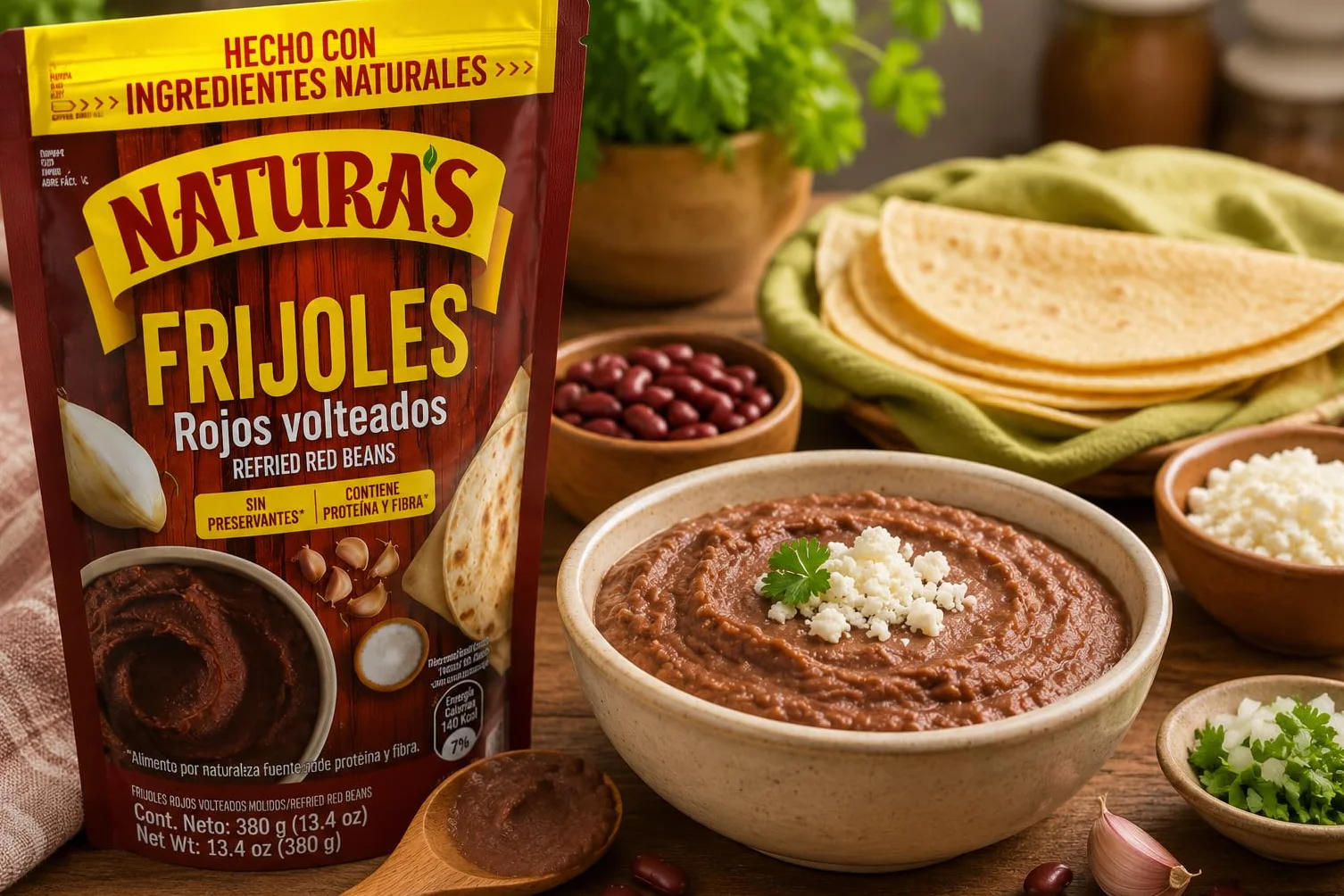 FRIJOLES ROJOS VOLTEADOS MOLIDOS - NATURAS - REFRIED RED BEANS - 380 GRAMOS