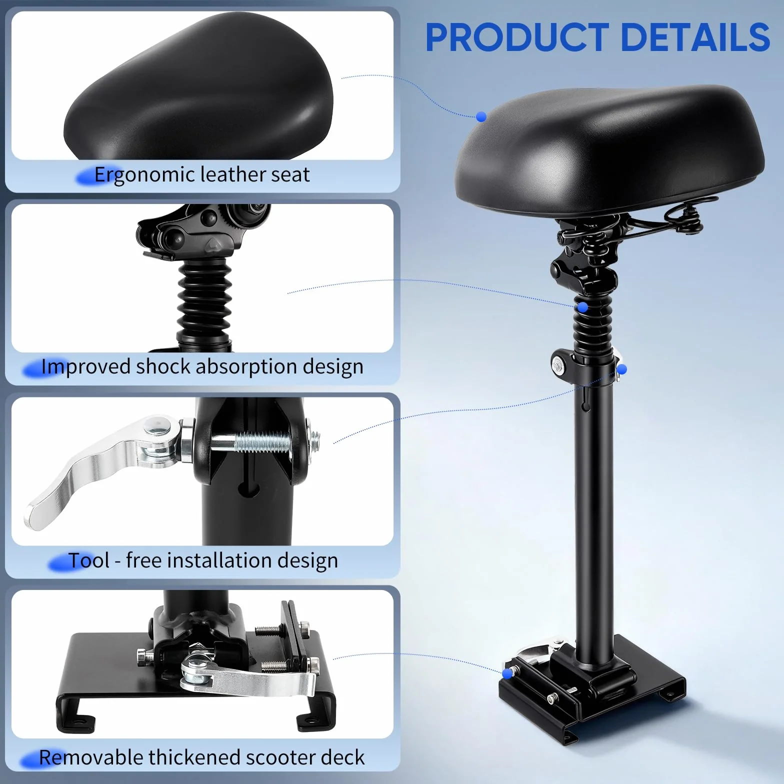 Asiento para patinete eléctrico ajustable 13-19 cm, plegable, bordes curvos, 55-68 cm, adultos