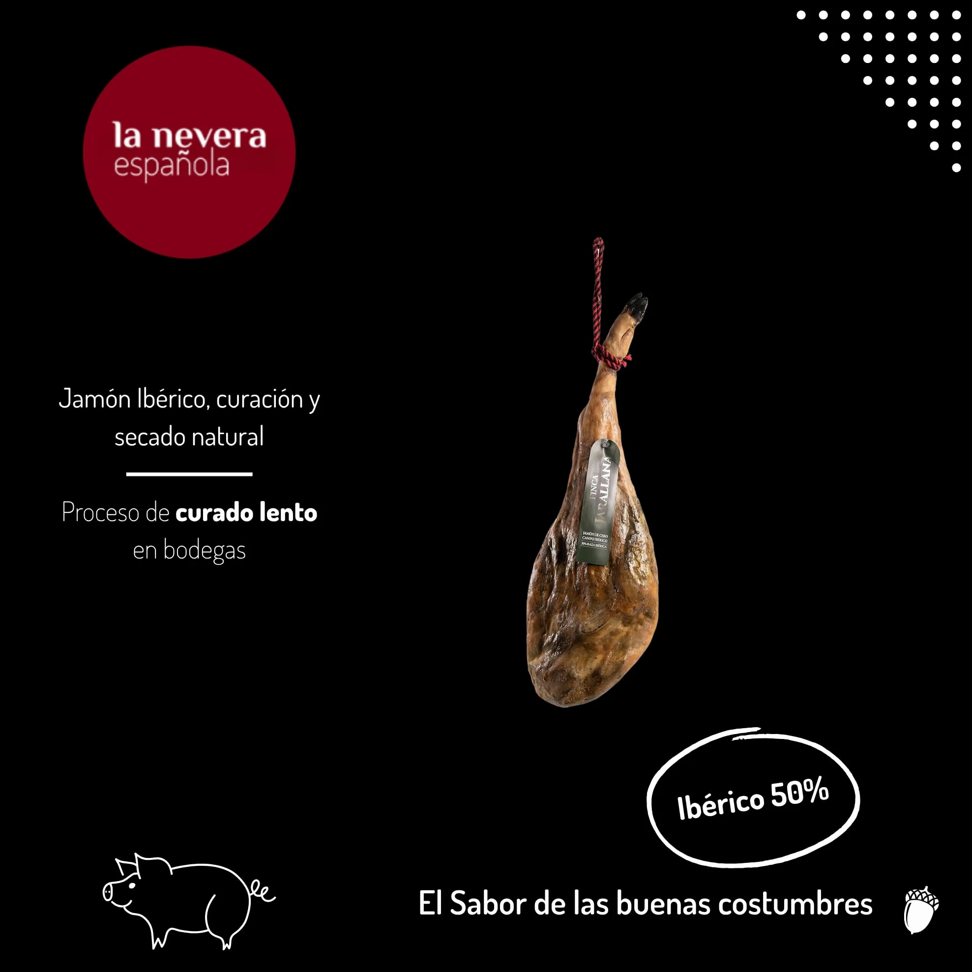 Finca Jarallana - Jamón de Cebo Campo 50% Ibérico - Pieza de 9 kg con Secado Natural y Curación +36 meses - Cerdos de Raza Ibérica