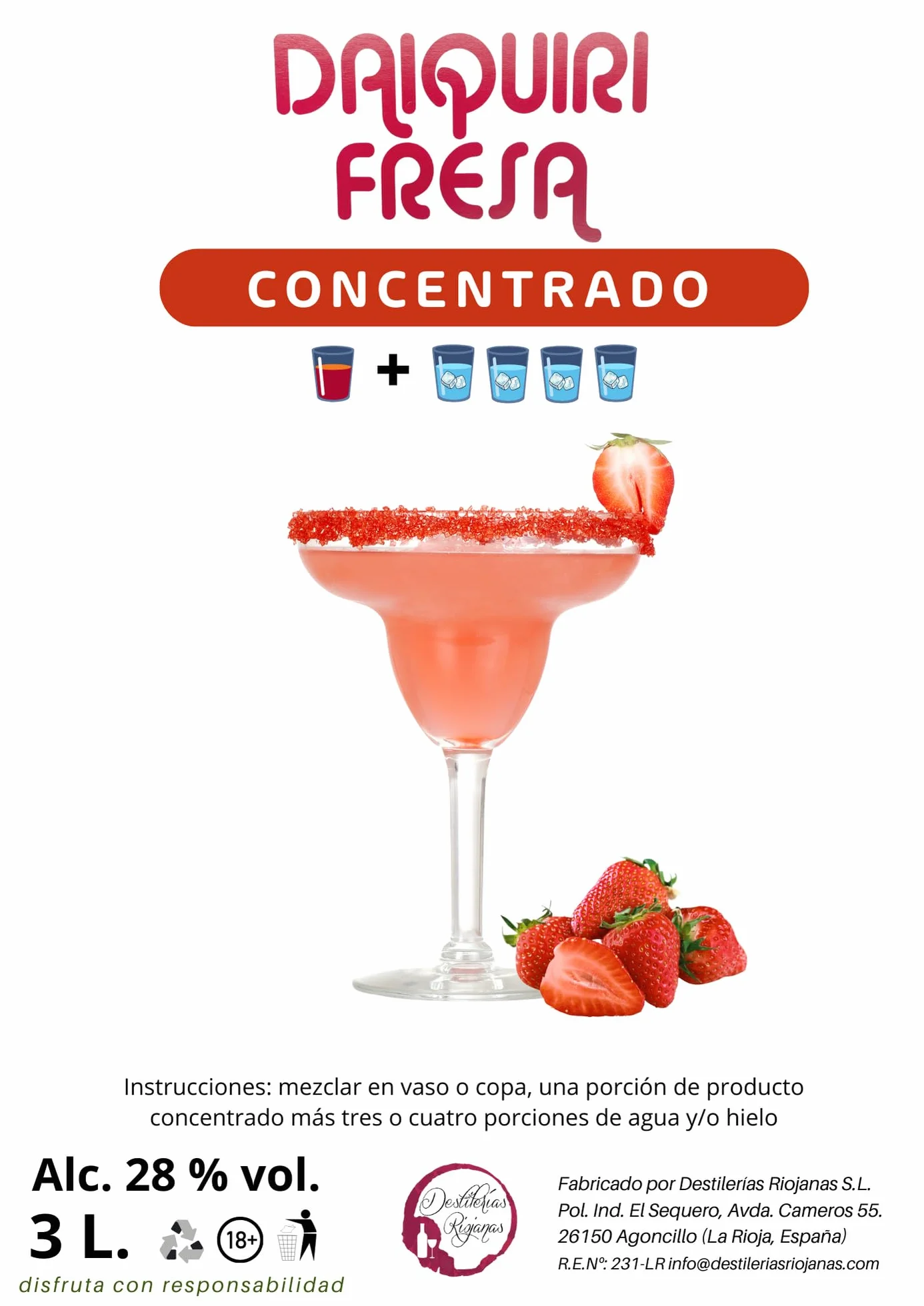 Destilerías Riojanas Concentrado de Daiquiri Fresa Bag in Box 3,3 Kg (3L) rinde 15L 91 copas