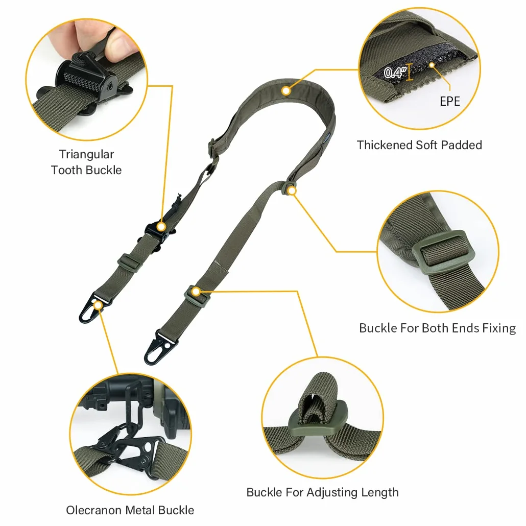 IDOGEAR Correa para Rifle Bandolera Bipunta Eslinga de 2 Puntos con Ajustador de Longitud, Hombreras Engrosadas Ganchos de Metal