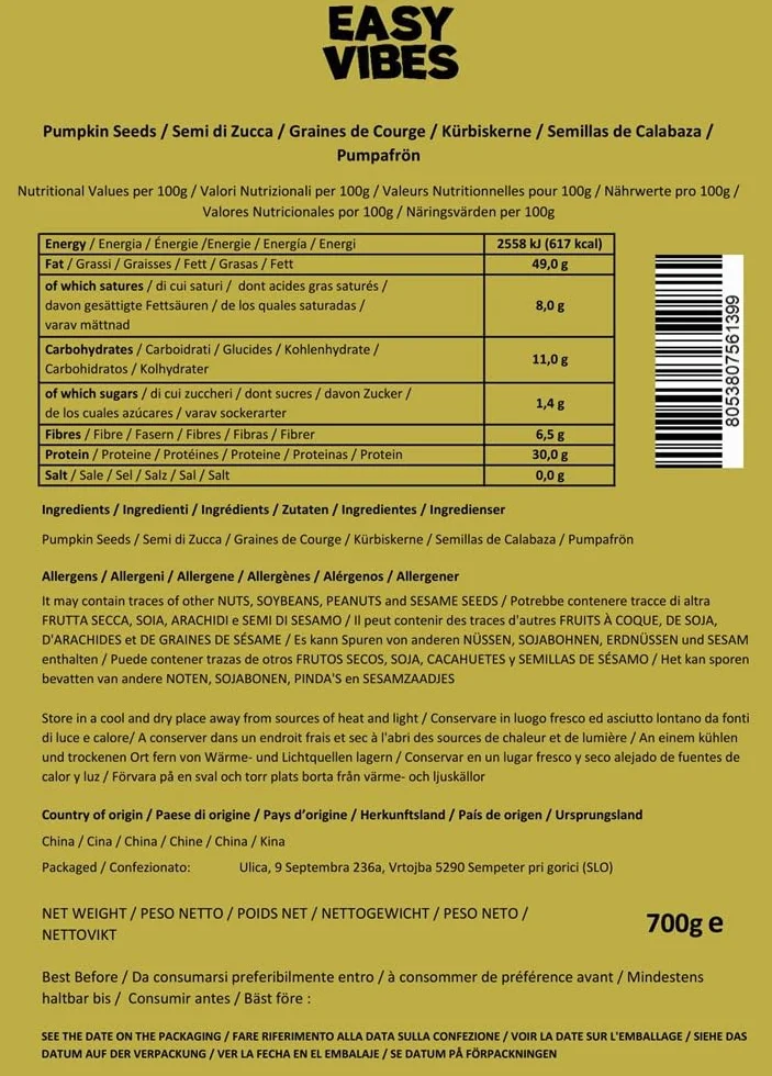 Easy Vibes - Semillas de Calabaza Peladas (700g) - Crudas y Sin sal | Pipas de Calabaza