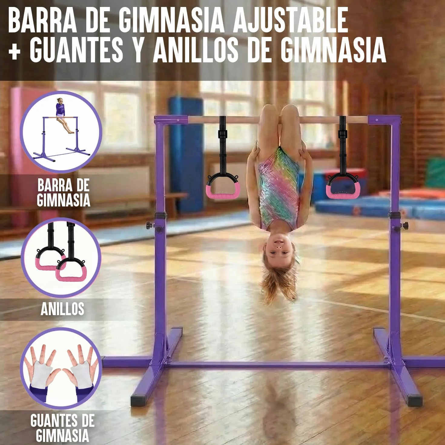 Gym Bar Barra Gimnasia Infantil Violeta Anillas Rosas 13 Niveles Ajustables 90-150 cm Acero Madera Haya Correas Antideslizantes Fitness
