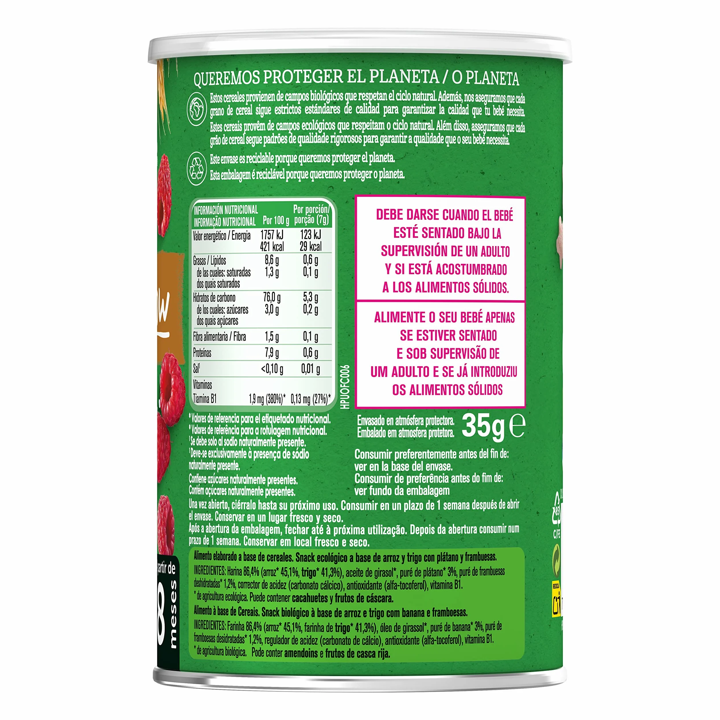 GERBER Organic Puffs Frambuesa y Plátano, Snack de Cereales para Bebés, Latitas 5x35g, a partir de 8 meses