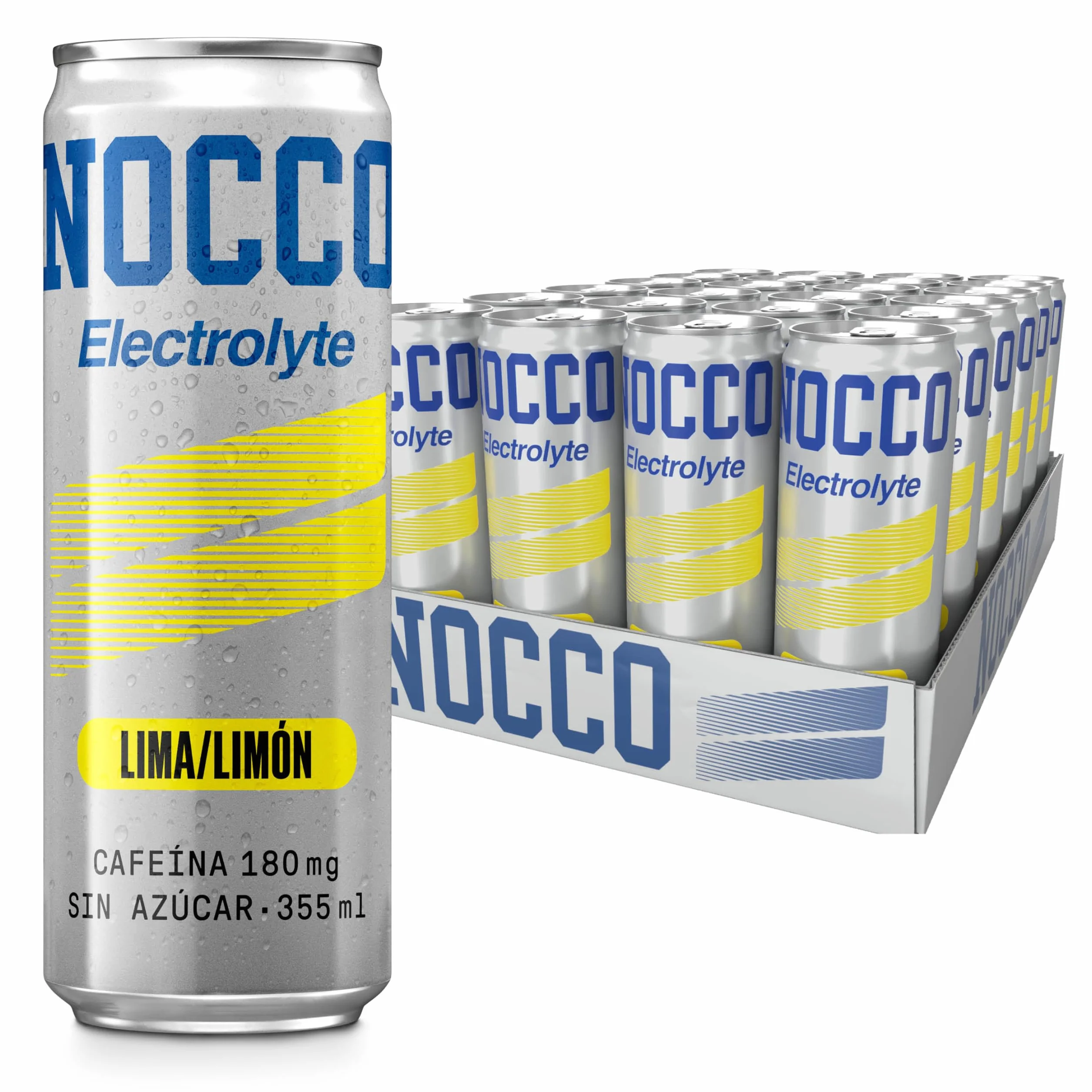 NOCCO Electrolyte Bebida Energética – con Magnesio y Potasio, 180 mg Cafeína, Sin Azúcar, con Vitaminas – 24 x 330 ml (Lemon/Lime)