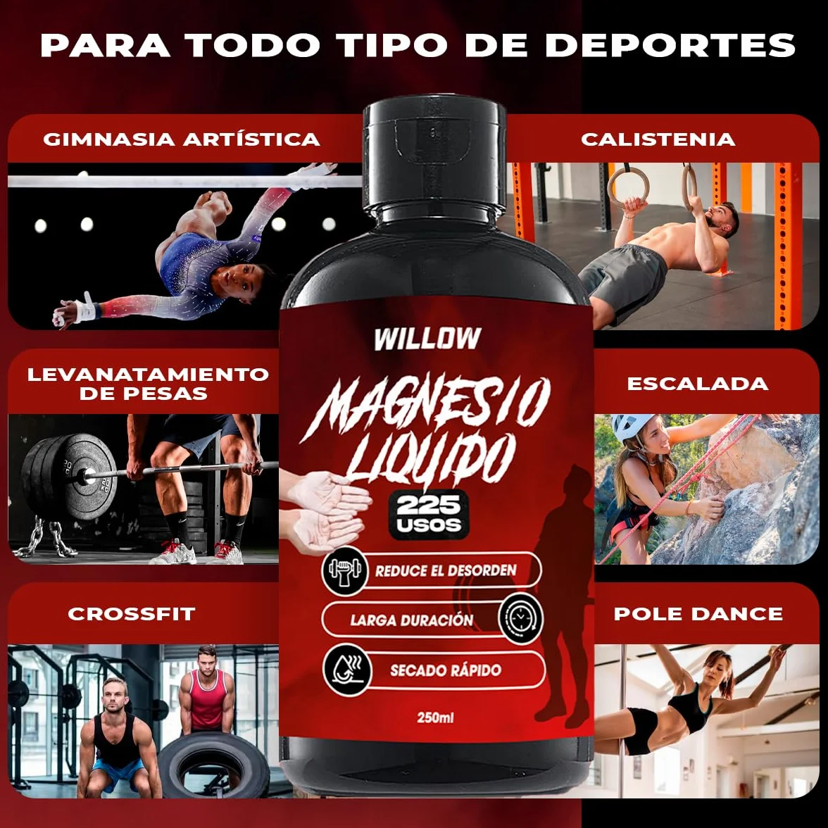 Willow Magnesio Líquido 250ML + 50ML Tiza Líquida Agarre Crossfit Calistenia