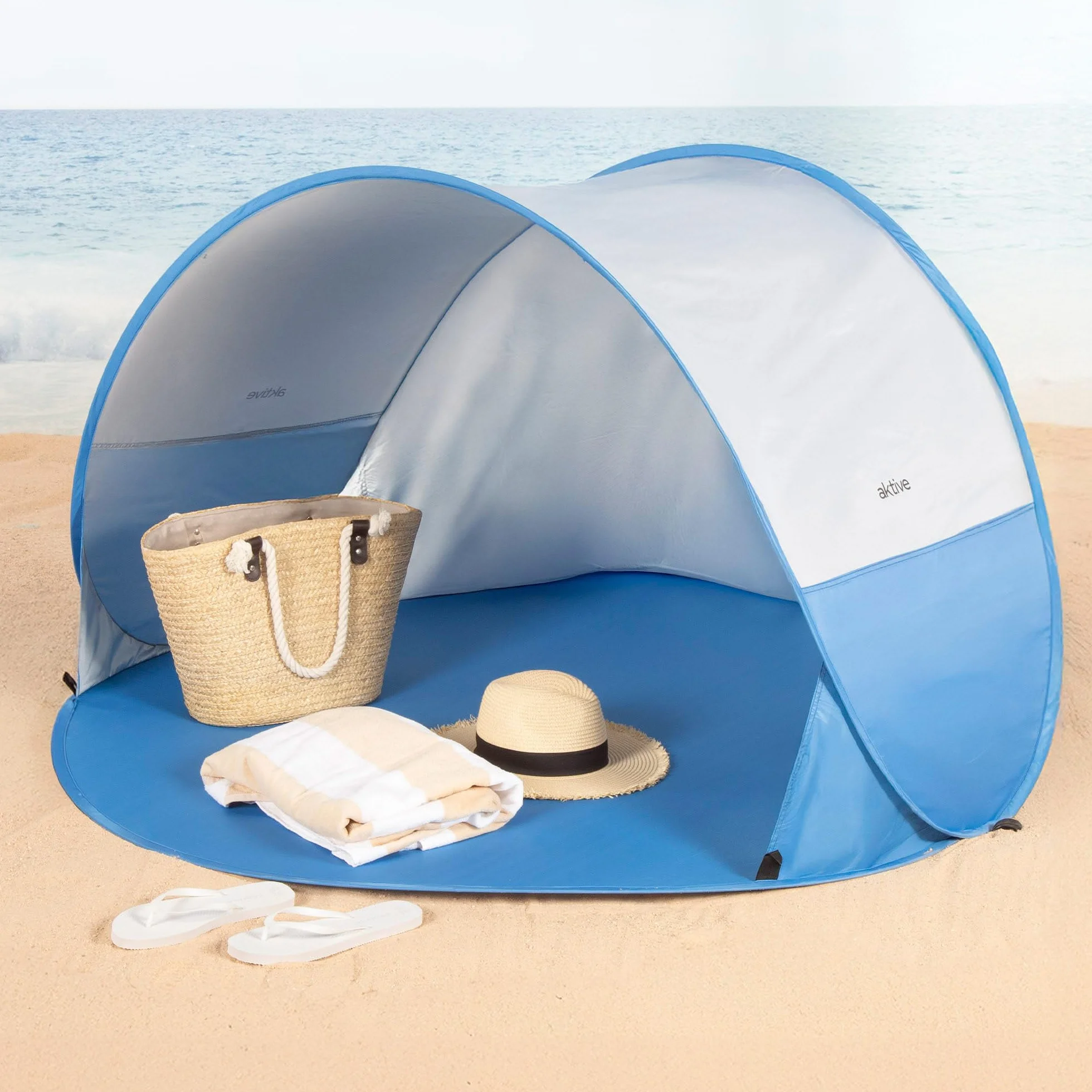 AKTIVE Tienda Playa Pop up 148x148x90 cm Azul Protección UV50 Poliéster Paravientos Plegable Bolsa Transporte