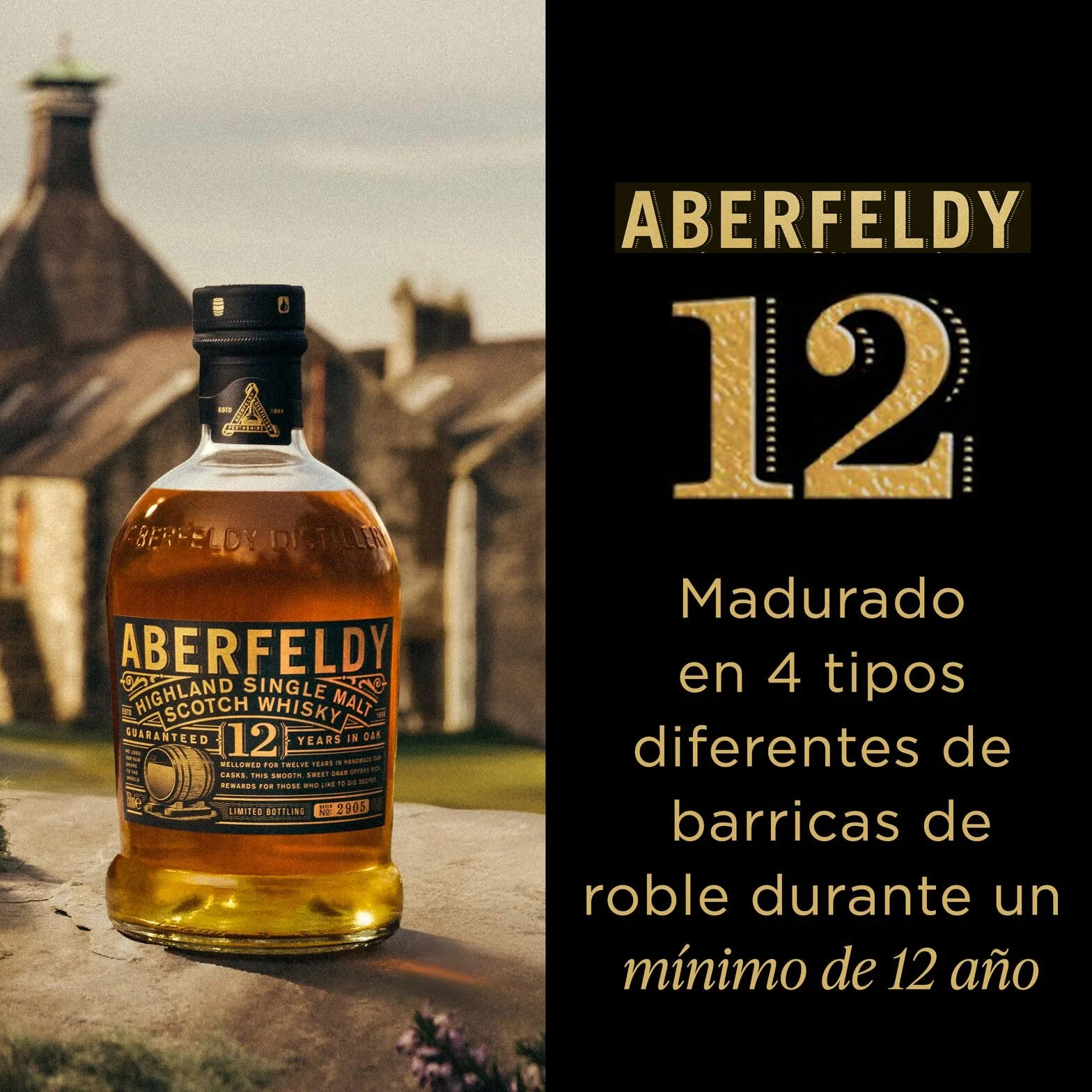 Scotch Whisky Single Malt Aberfeldy 12 Year Old, 40 % vol., 70 cl / 700 ml, whisky premium añejado en cuatro tipos de barricas distintas