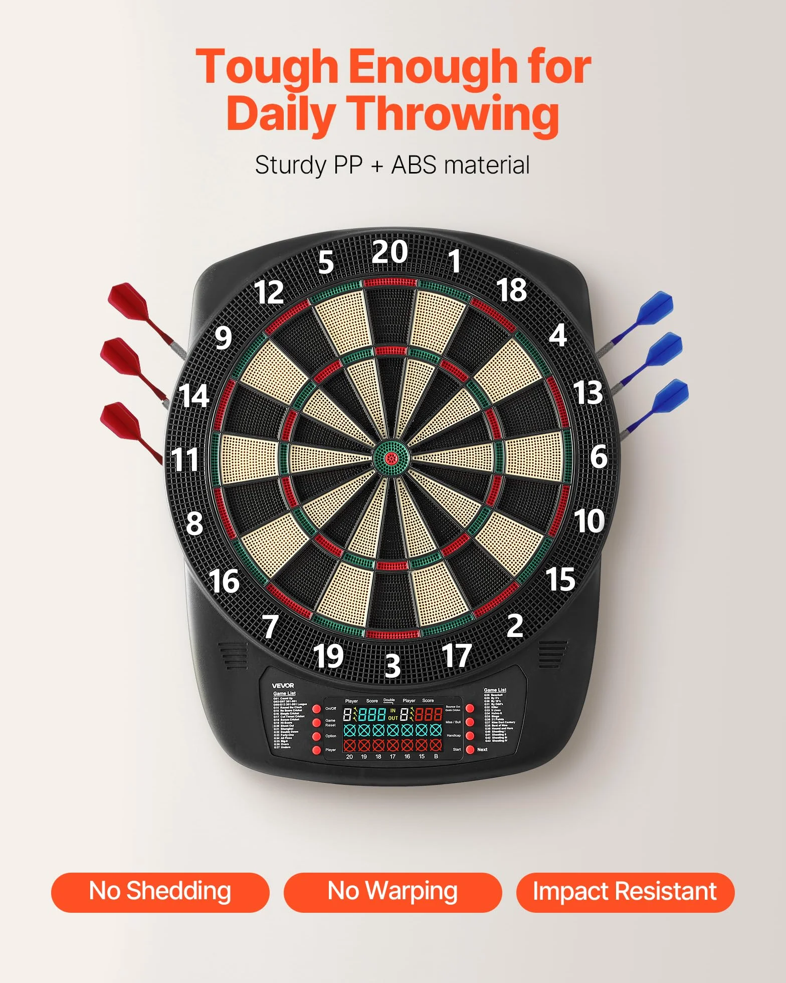 VEVOR Diana Electrónica 43 Juegos 200 Variantes 8 Jugadores 6 Ejes Dardos Marcador LCD PP ABS 517 x 424 x 30 mm