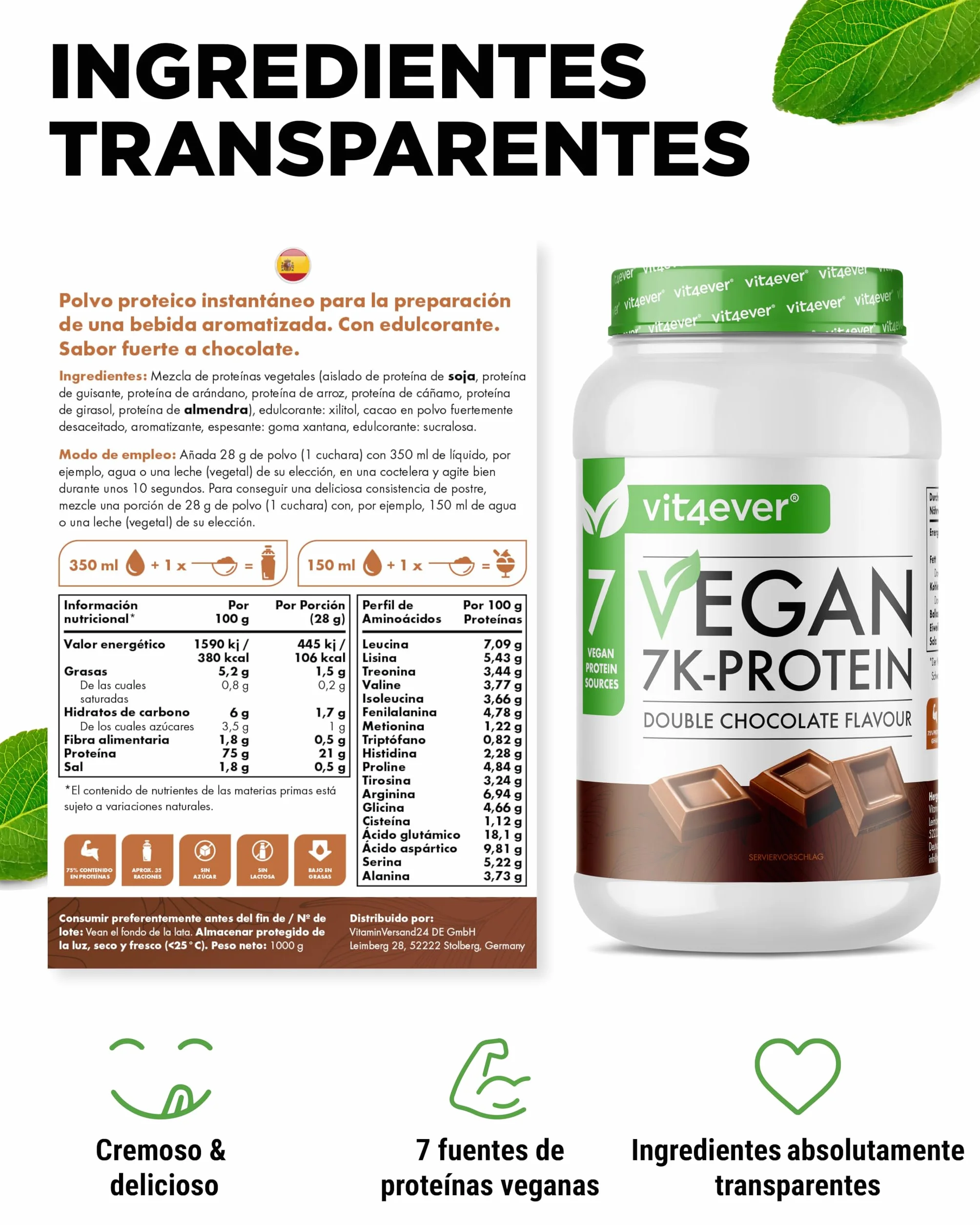 Vegan 7K Protein 1kg Doble Chocolate Proteína vegetal pura en polvo