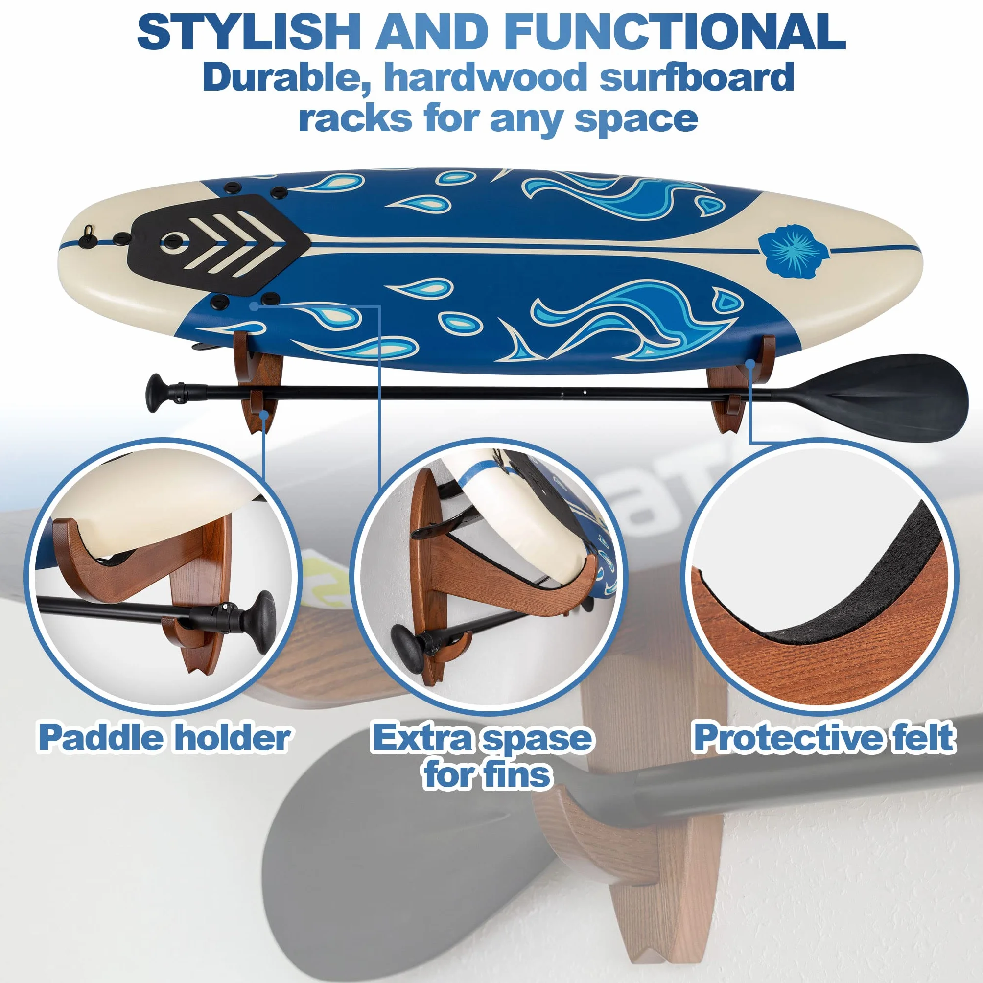 TESLYAR Soporte para tabla de surf madera de fresno acabado natural marrón grande