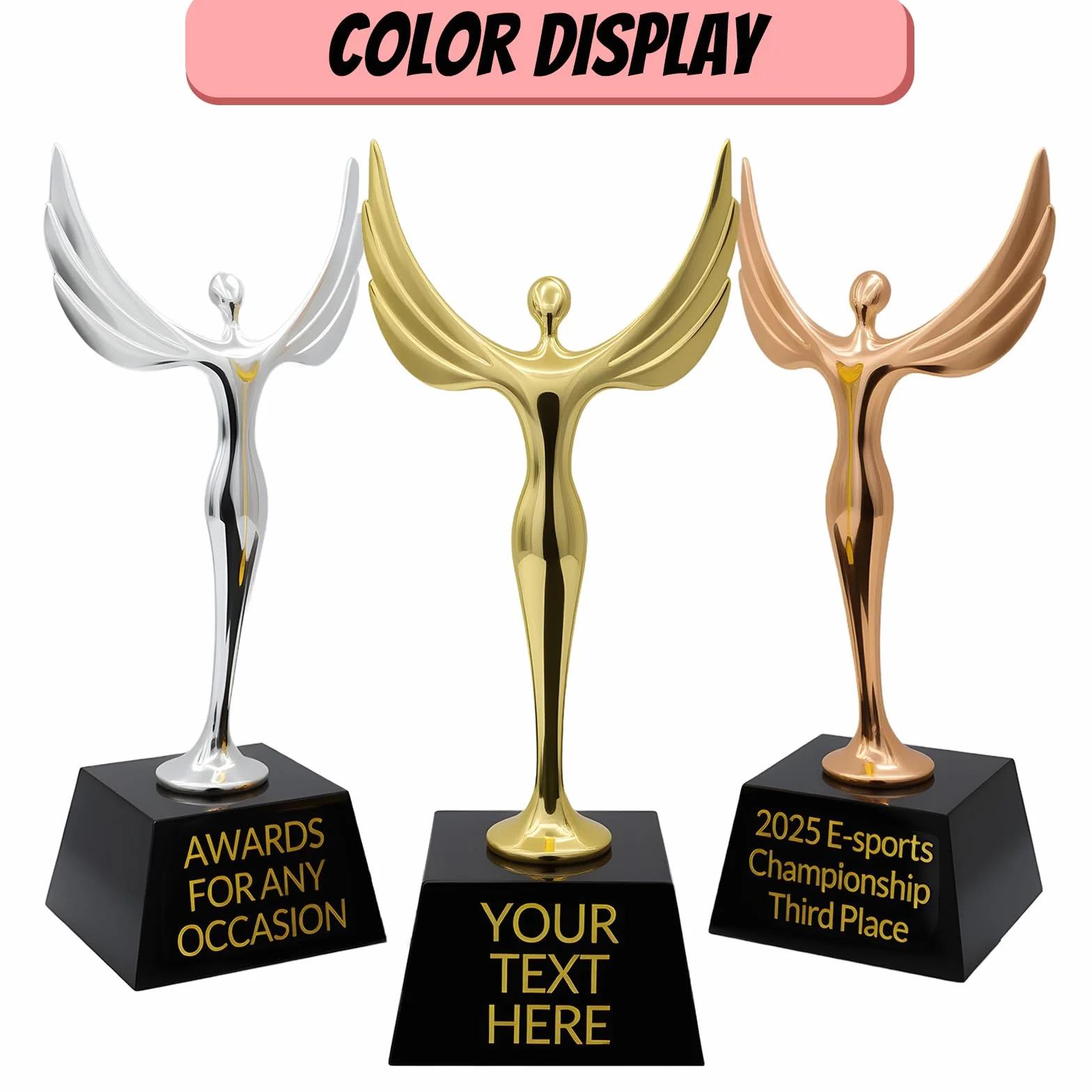 Trofeos Personalizados de Metal en Oro, Plata y Bronce con Grabado de Texto para Ceremonias de Premiación