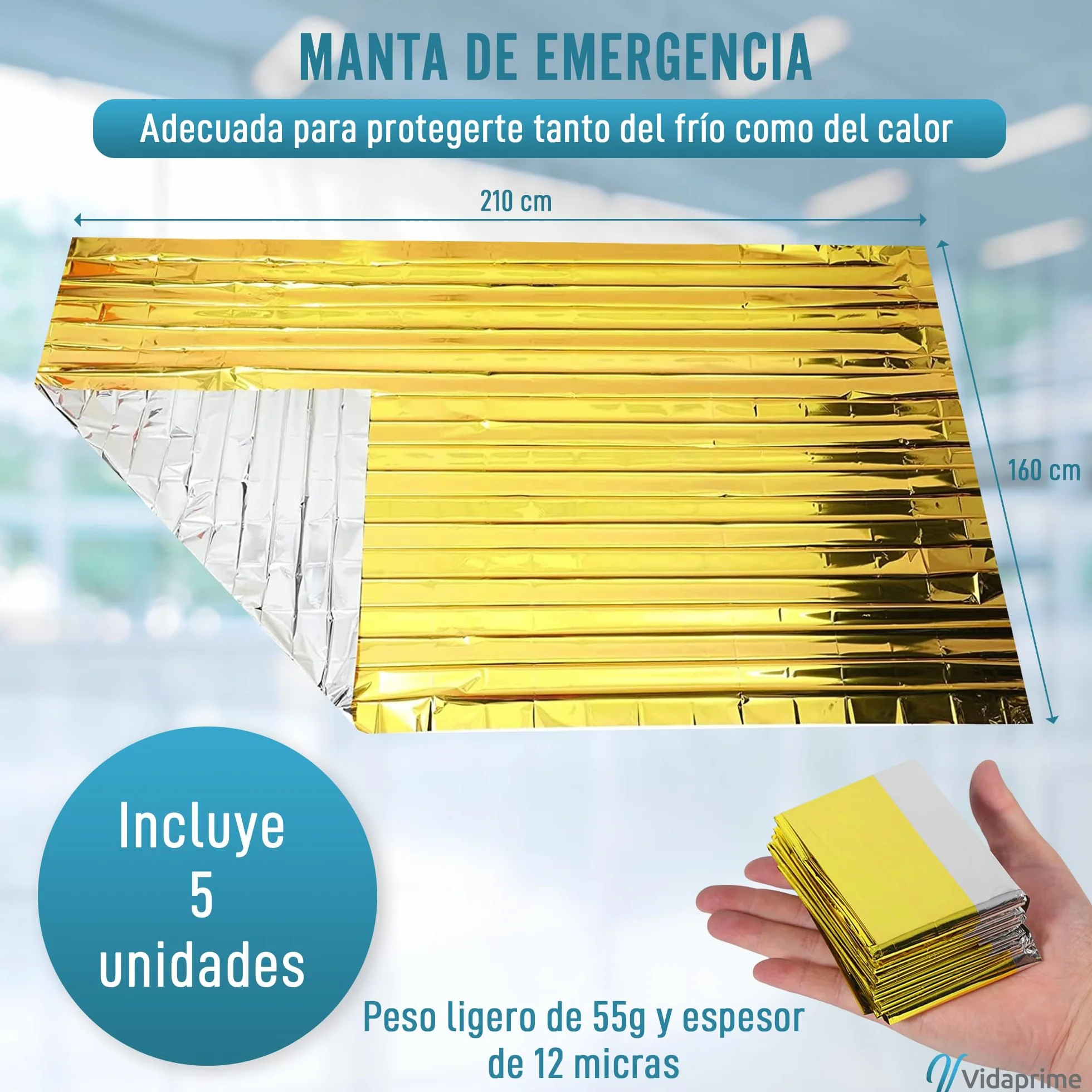 Manta Térmica Supervivencia Reutilizable 210x160cm X5 UNIDADES Protección Frío Calor Lluvia Viento