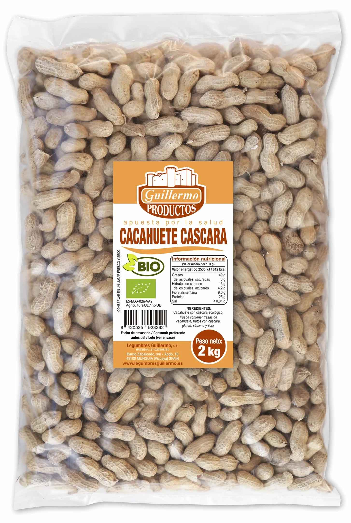 Guillermo | Cacahuete con cáscara BIO - Bolsa 2 kg. | 100% ecológico | Fuente de proteínas y ácido fólico | El fruto seco que aporta más vitamina B3, ácido fólico y proteínas