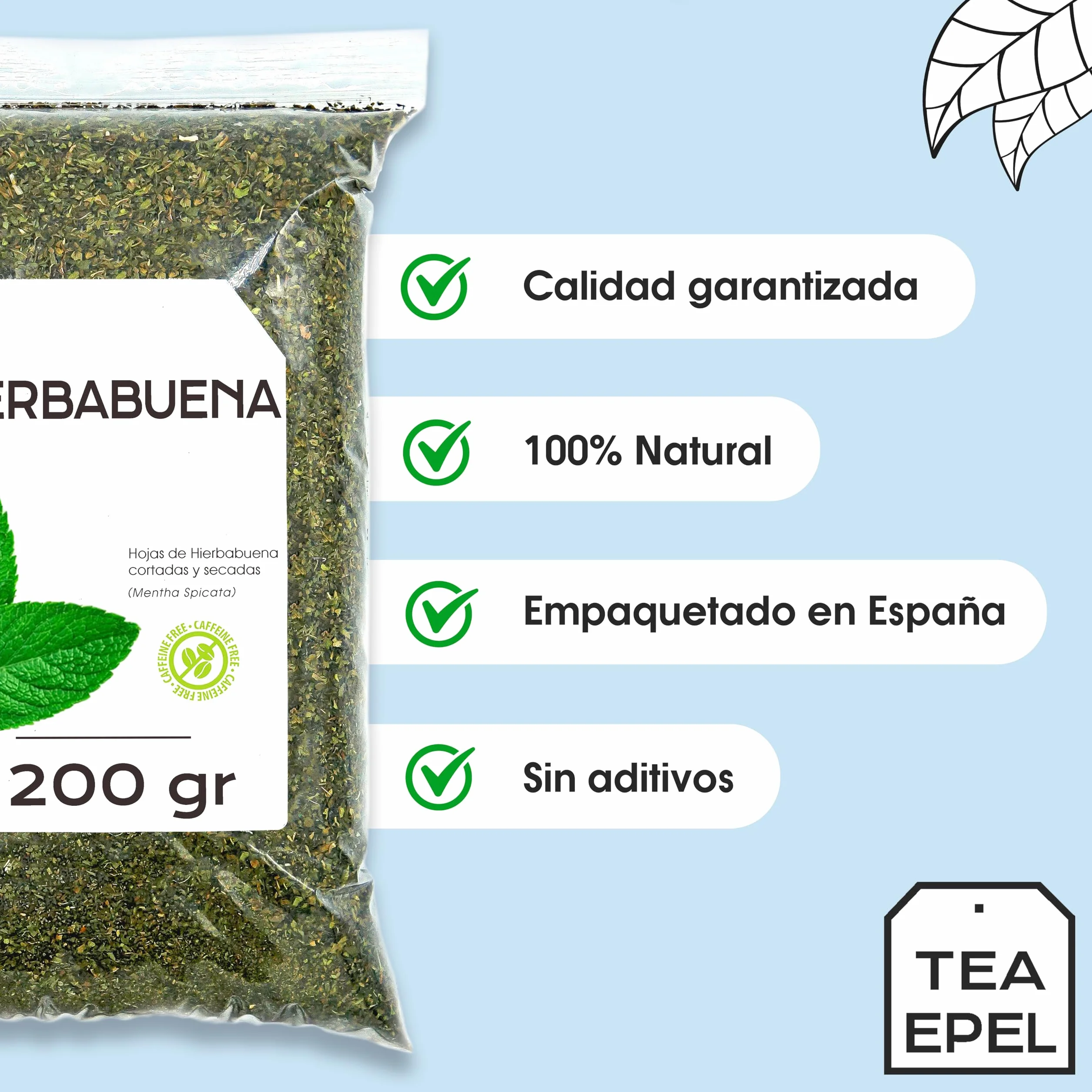Hierbabuena 200 gr - Te de Hojas de Hierbabuena Cortadas - Infusion de Menta - Te de menta - Infusiones a Granel - Infusión de Hierbas - Propiedades Naturales
