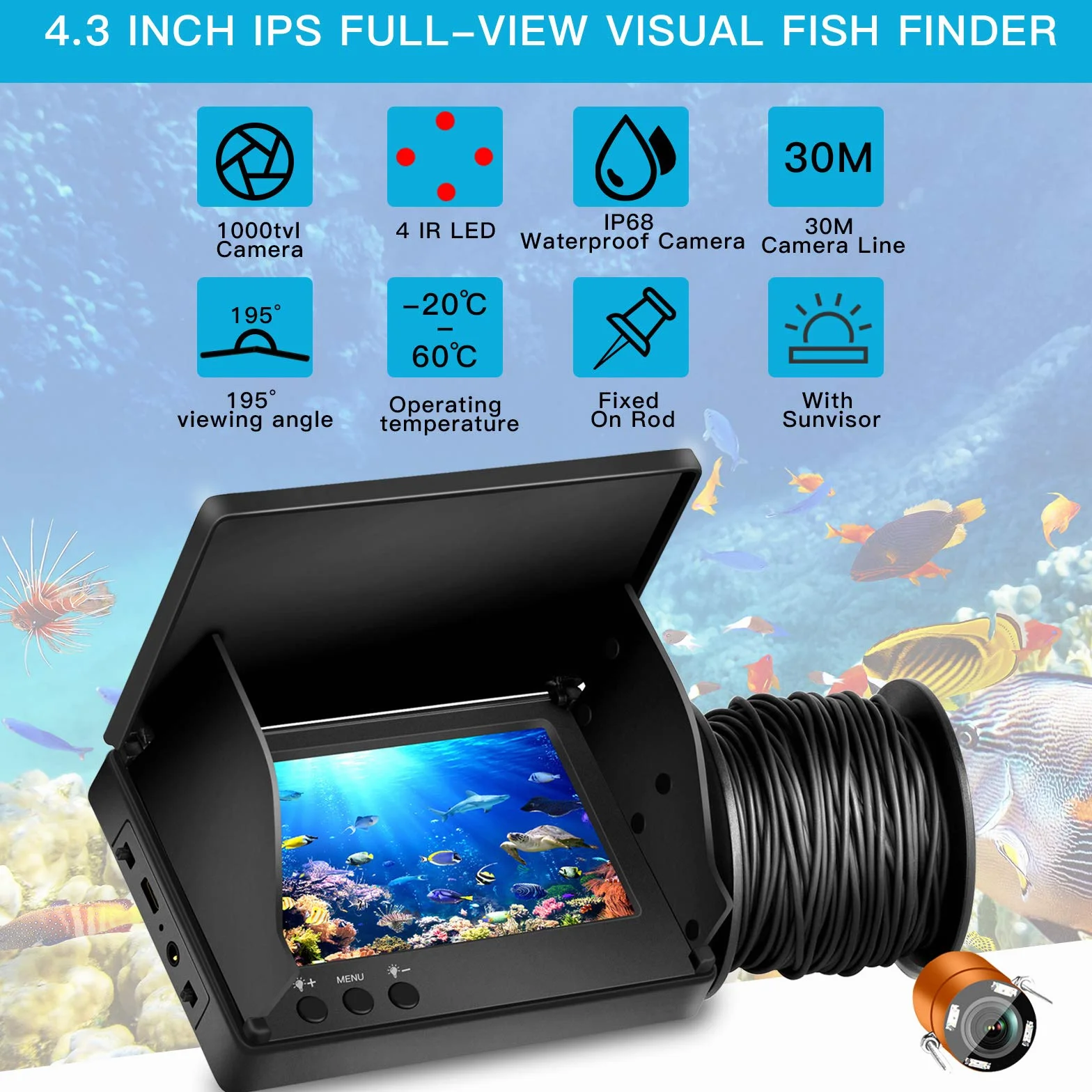 Cámara de pesca subacuática 4,3 pulgadas IPS para pesca en hielo, río y barco