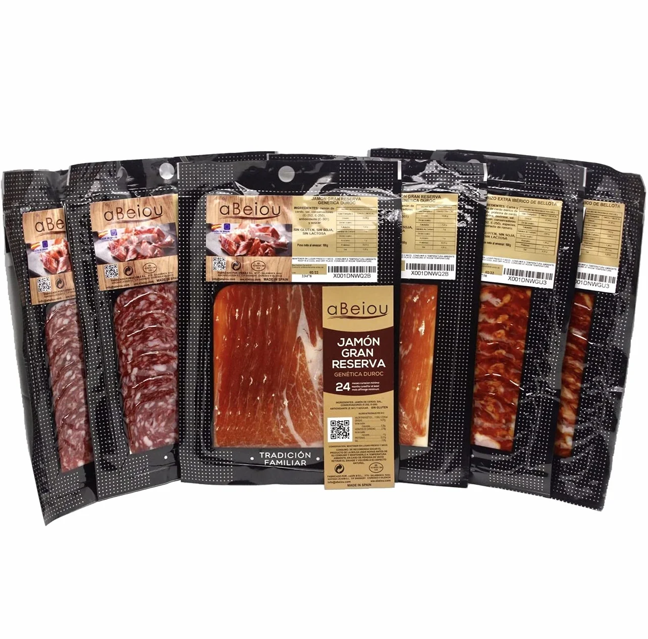 Lote Surtido Gourmet Gran Reserva Duroc + Ibérico Bellota 600 g 6 Sobres Jamón Chorizo Salchichón Cert. Hycer Guijuelo